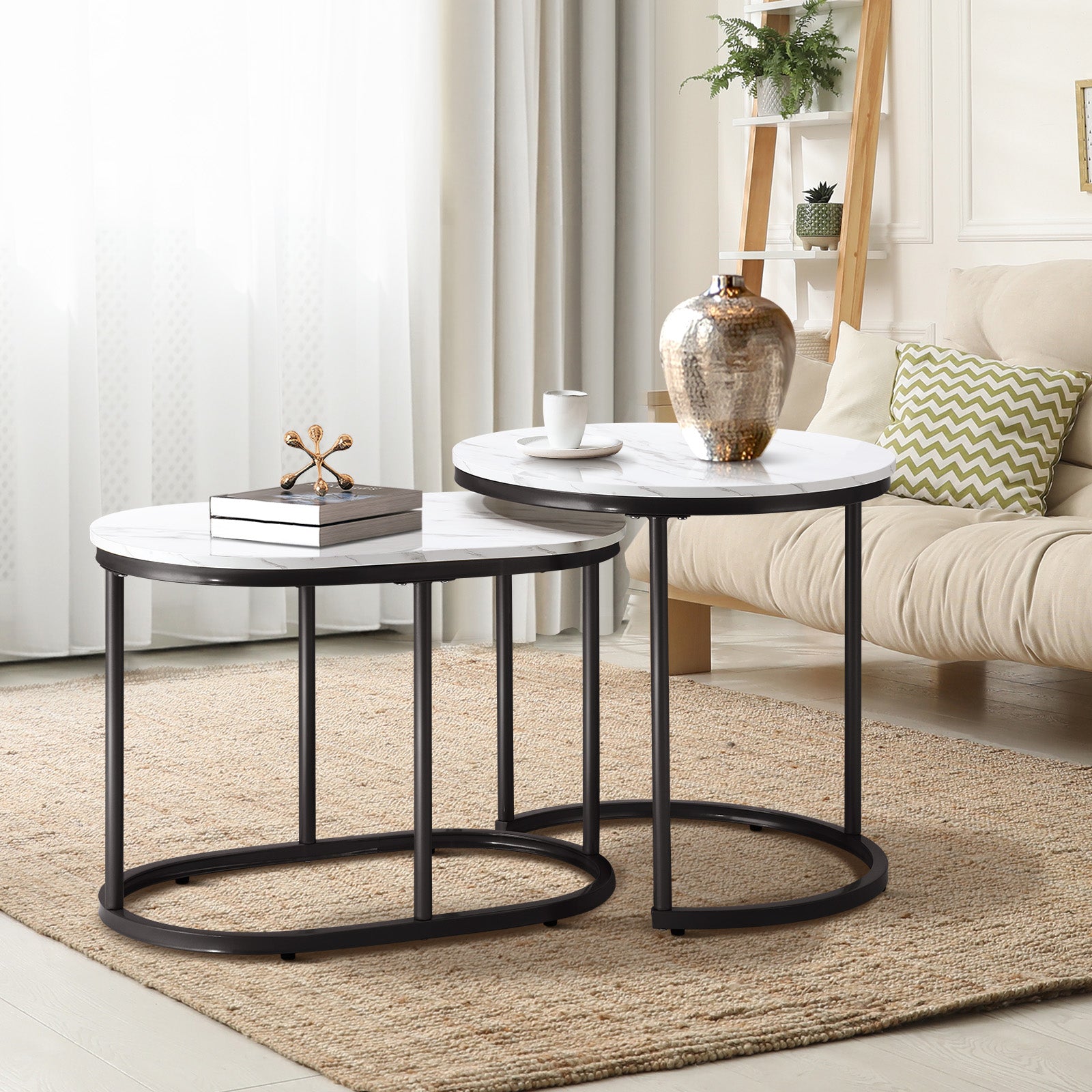 Oikiture Set of 2 Coffee Table Round Oval Marble Nesting Side End Table Black - Sunyee