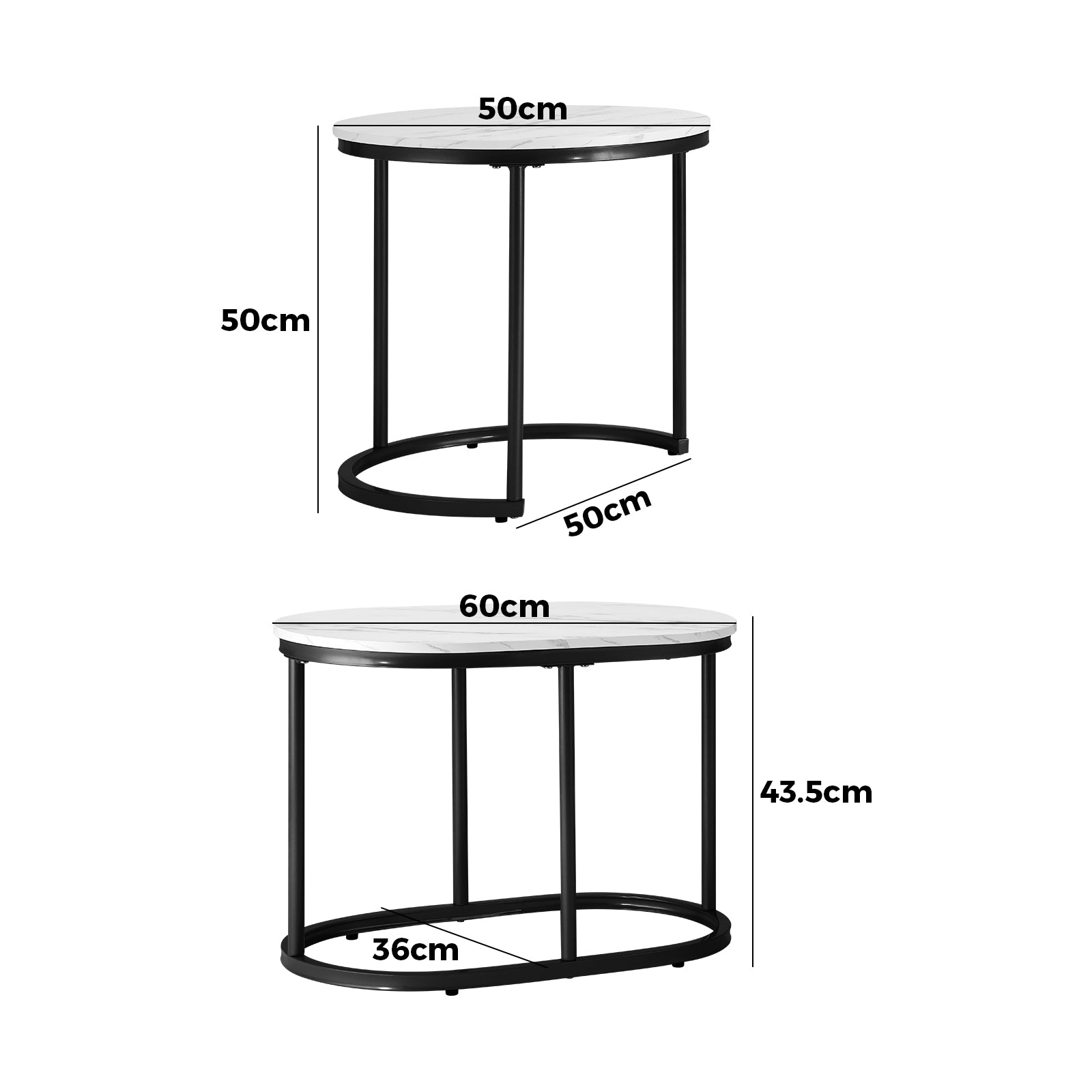 Oikiture Set of 2 Coffee Table Round Oval Marble Nesting Side End Table Black - Sunyee