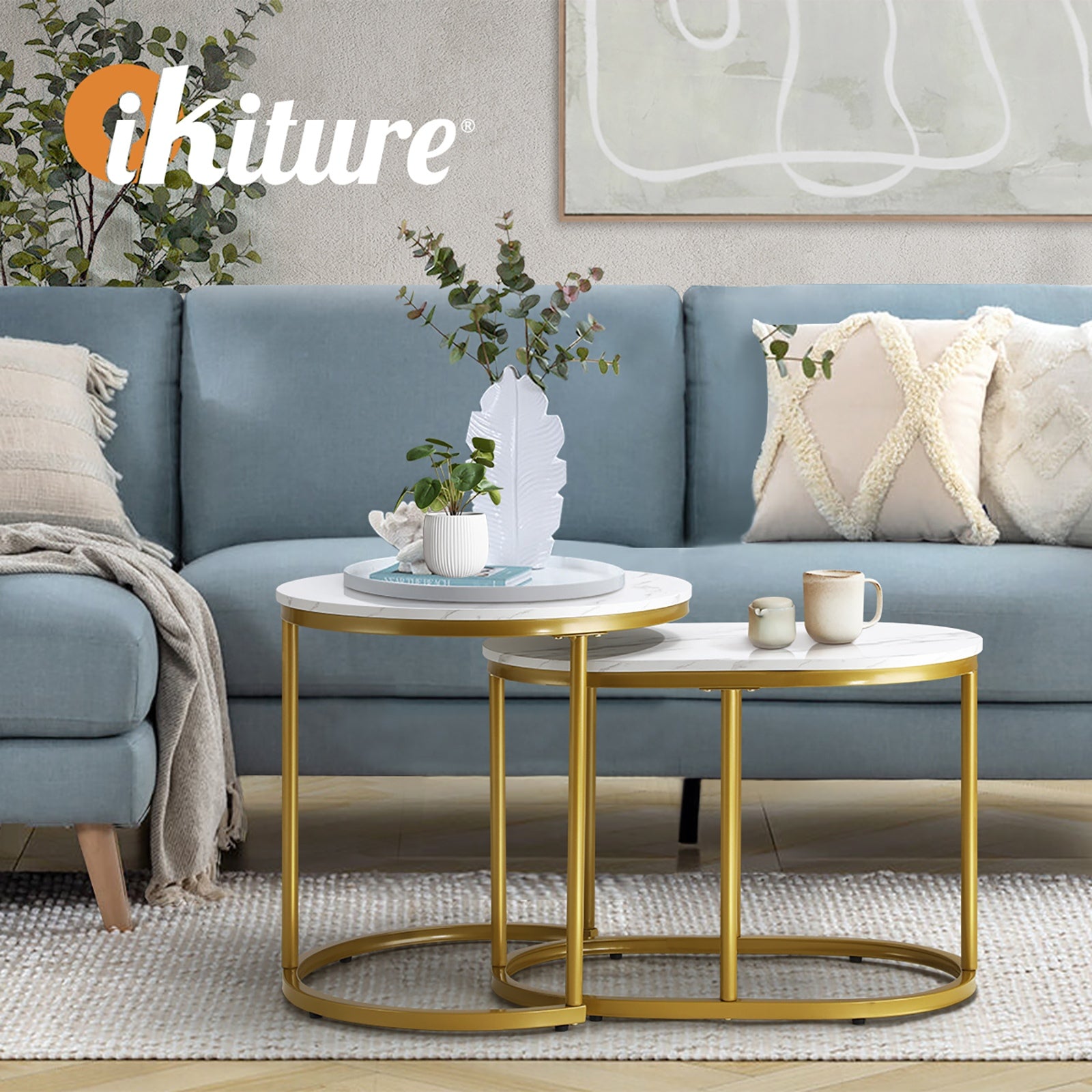 Oikiture Set of 2 Coffee Table Round Oval Marble-like Nesting Side Tables Gold - Sunyee