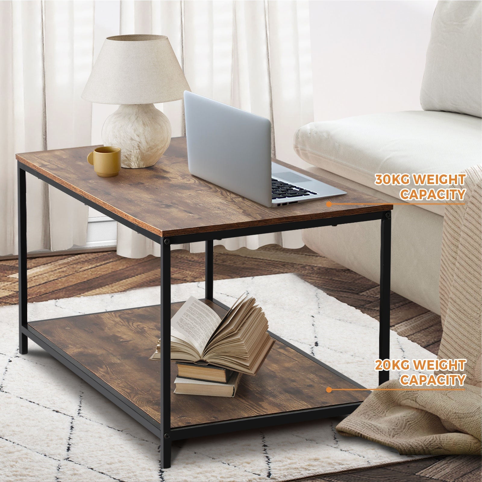 Oikiture Coffee Table Side Table Storage Rack Shelf 2-Tier Industrial Furniture - Sunyee