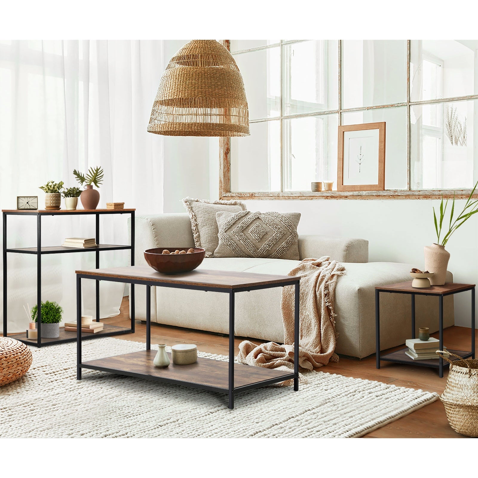 Oikiture Coffee Table Side Table Storage Rack Shelf 2-Tier Industrial Furniture - Sunyee