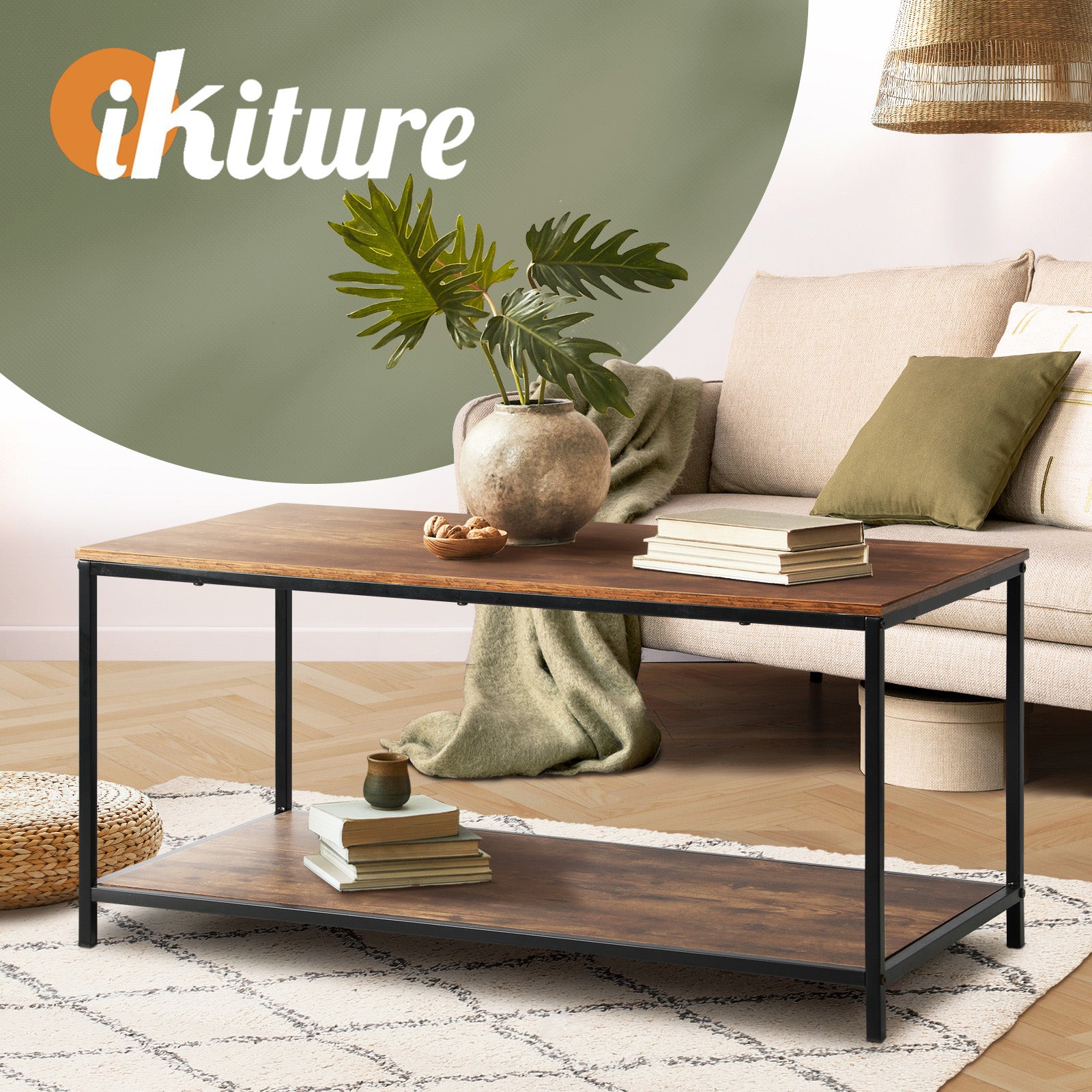 Oikiture Coffee Table Side Table Storage Rack Shelf 2-Tier Industrial Furniture - Sunyee