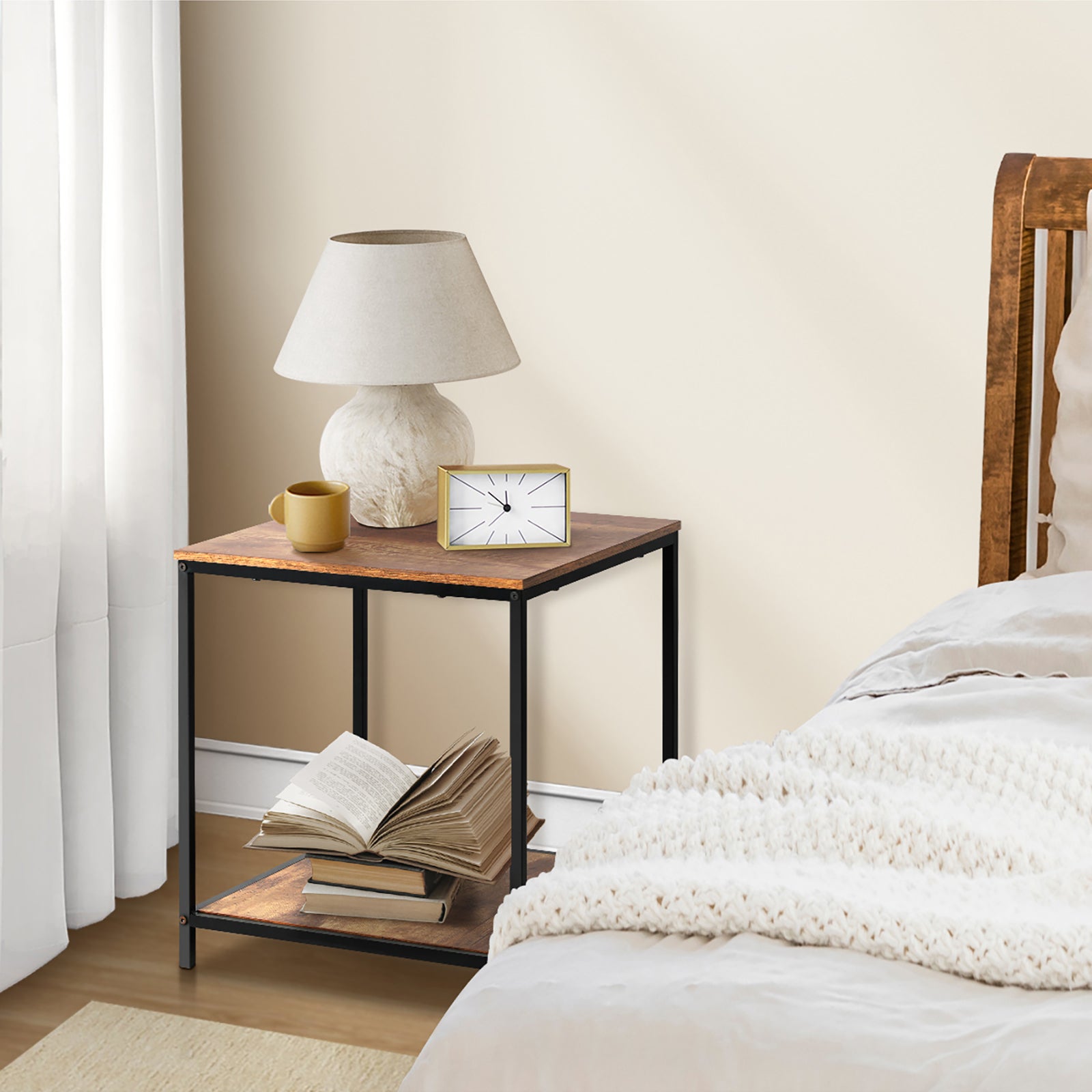Oikiture Side End Table Coffee Table Bedside Shelf 2-Tier Industrial Furniture - Sunyee