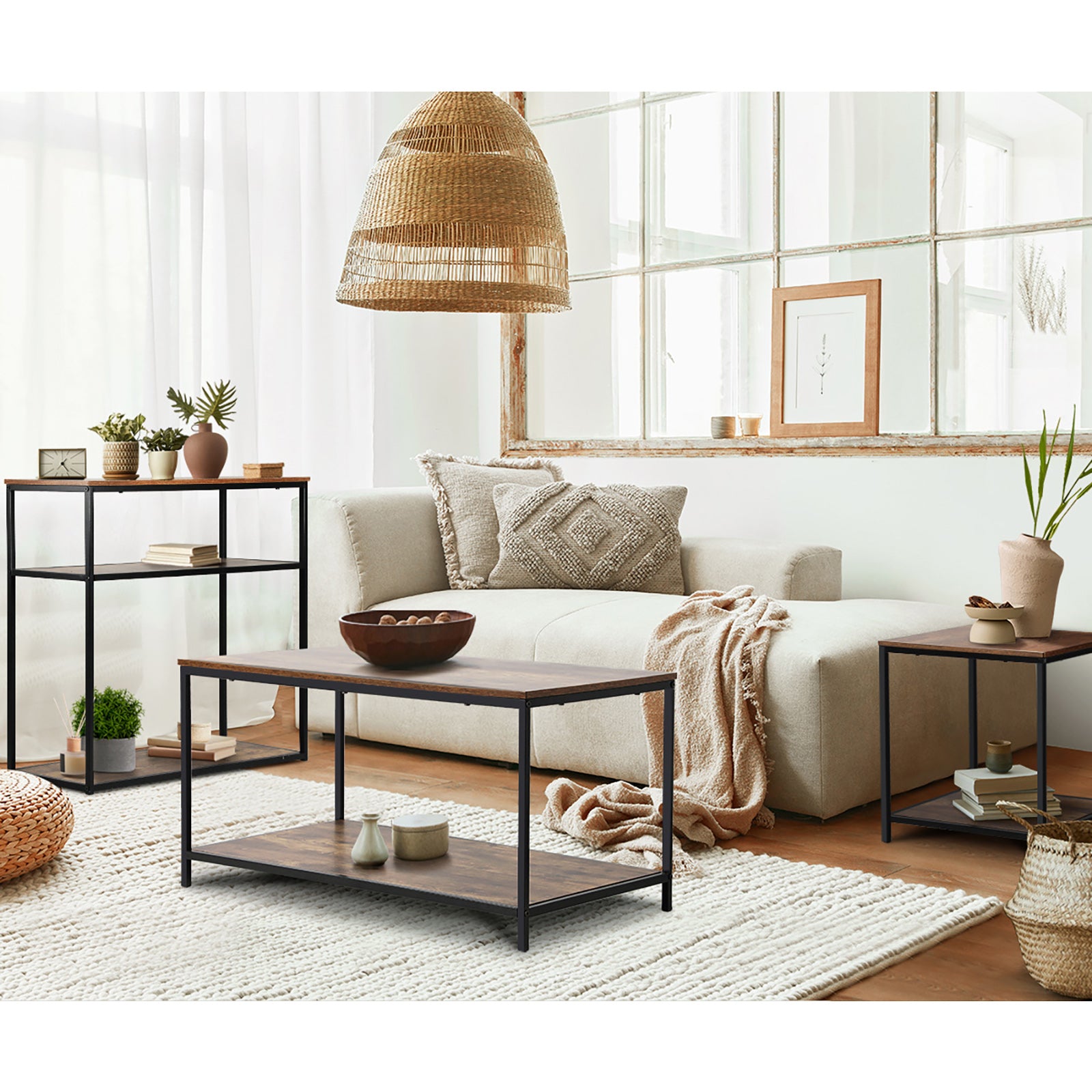 Oikiture Side End Table Coffee Table Bedside Shelf 2-Tier Industrial Furniture - Sunyee