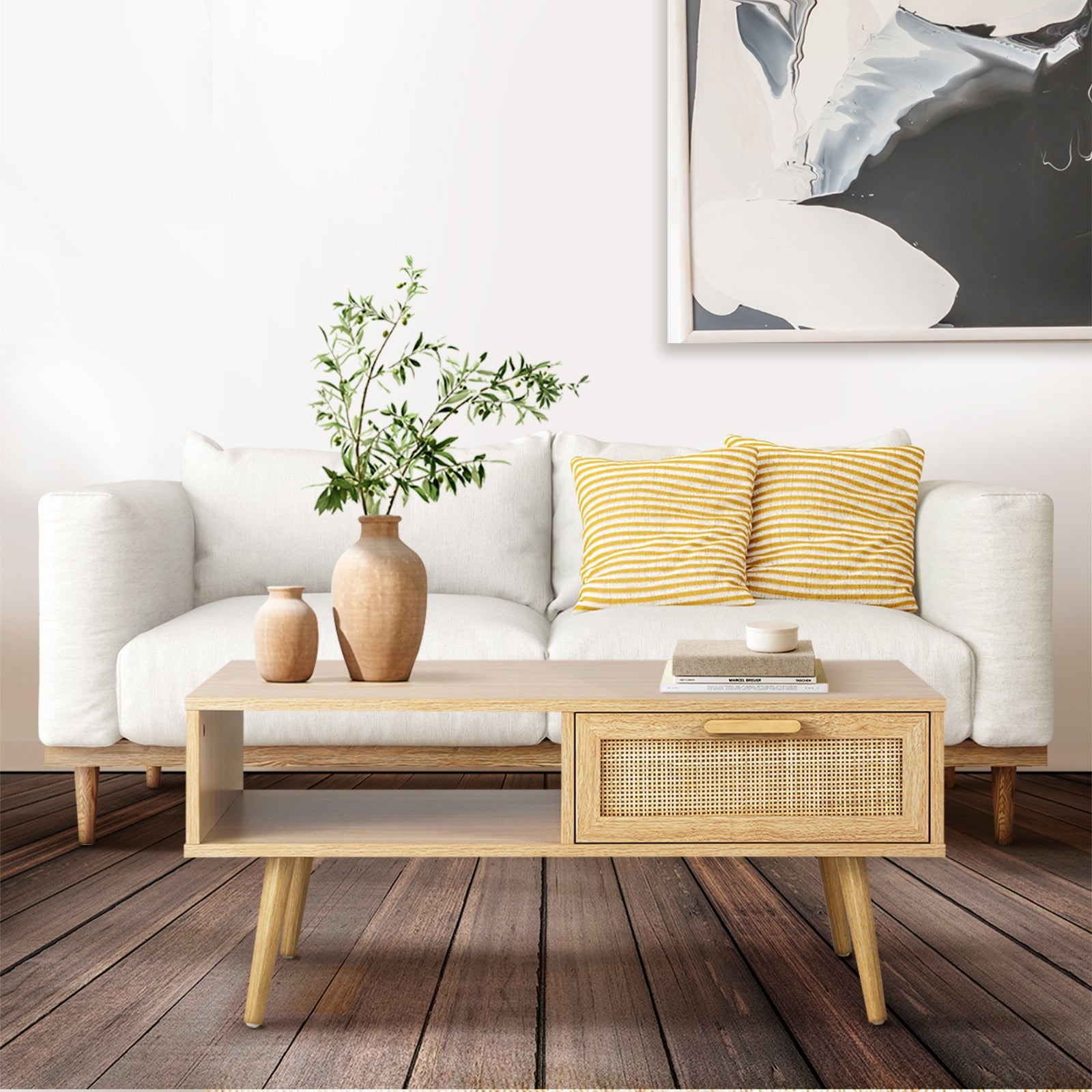 Oikiture Coffee Table Rattan Storage Drawer Shelf Book Modern Wooden Tables - Sunyee