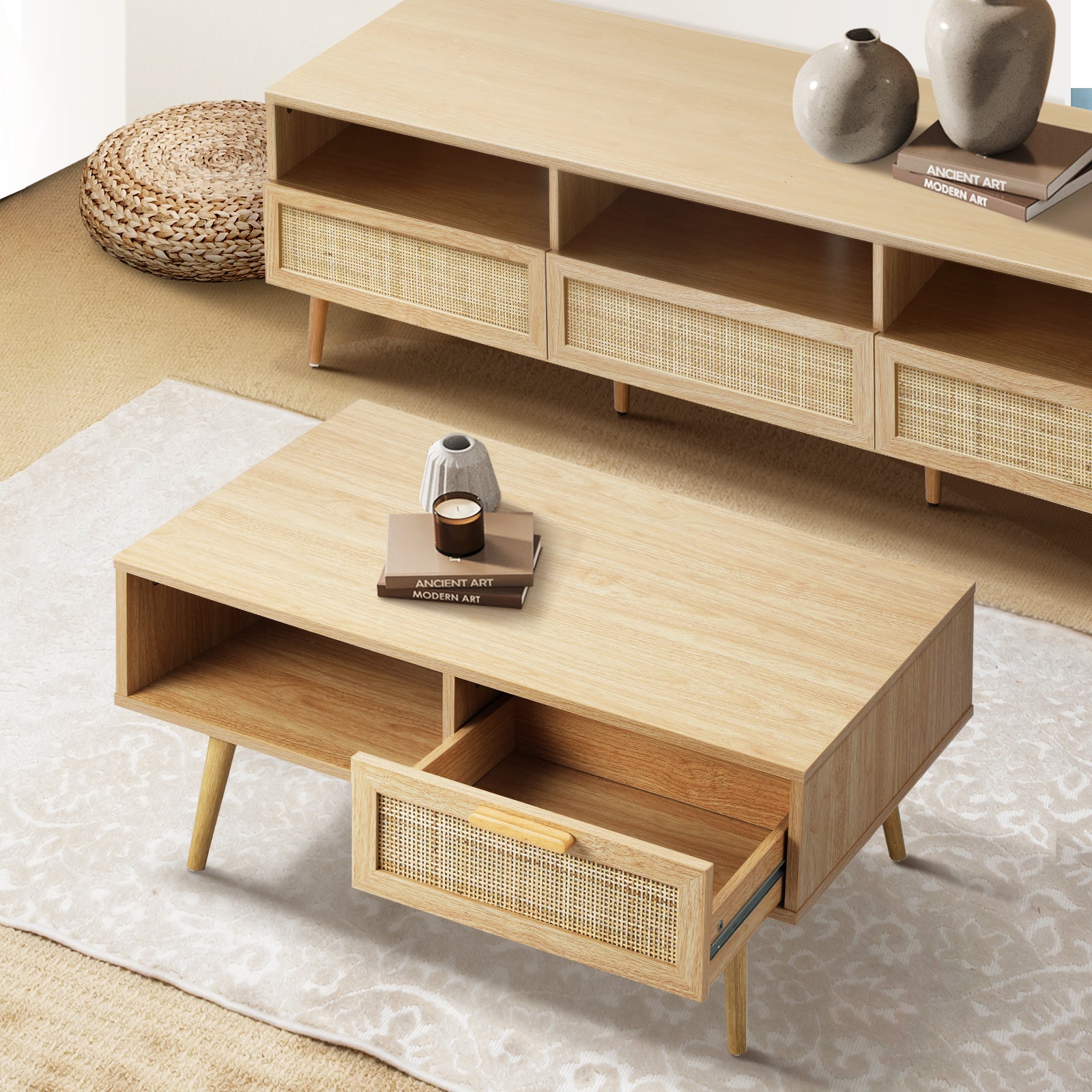 Oikiture Coffee Table Rattan Storage Drawer Shelf Book Modern Wooden Tables - Sunyee