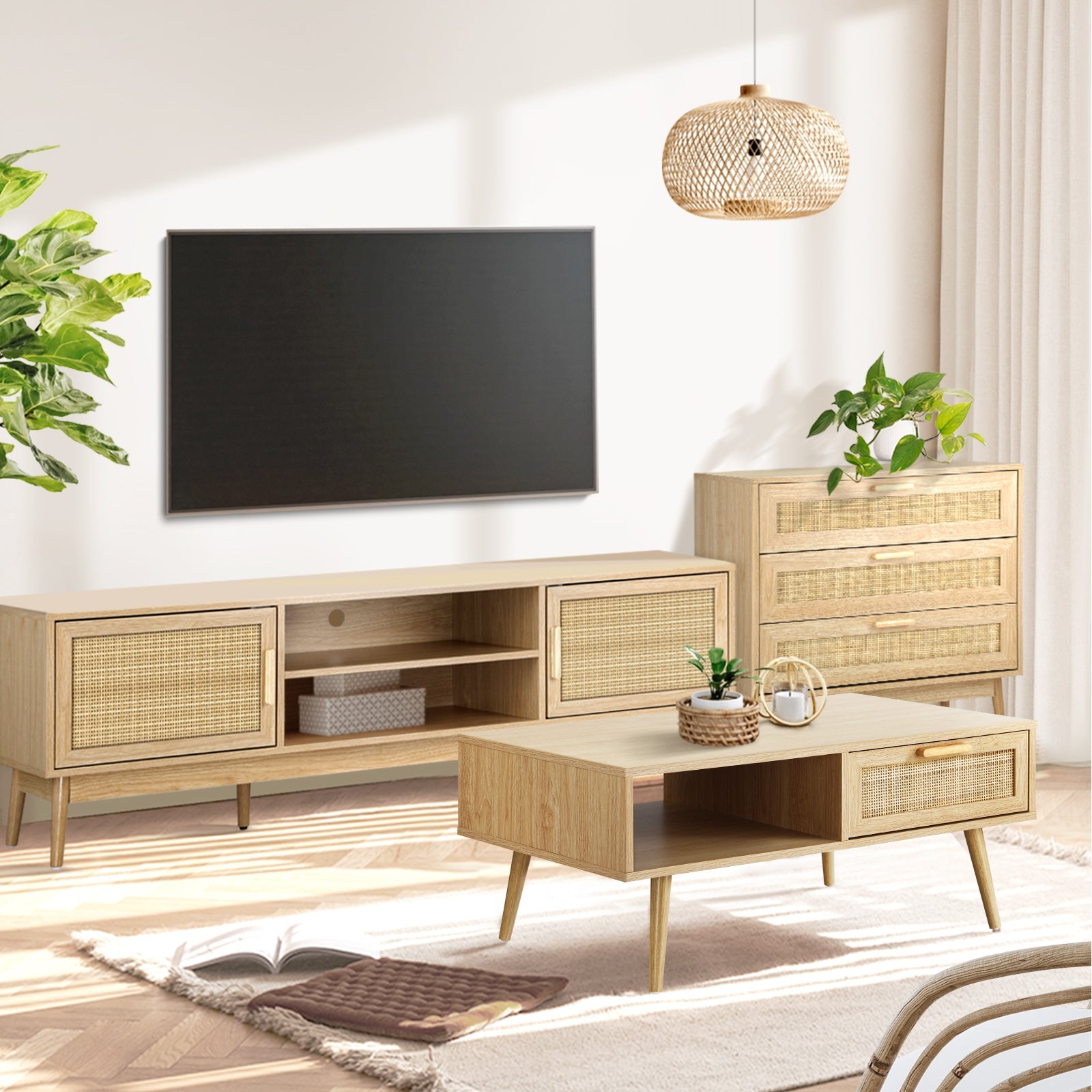 Oikiture Coffee Table Rattan Storage Drawer Shelf Book Modern Wooden Tables - Sunyee