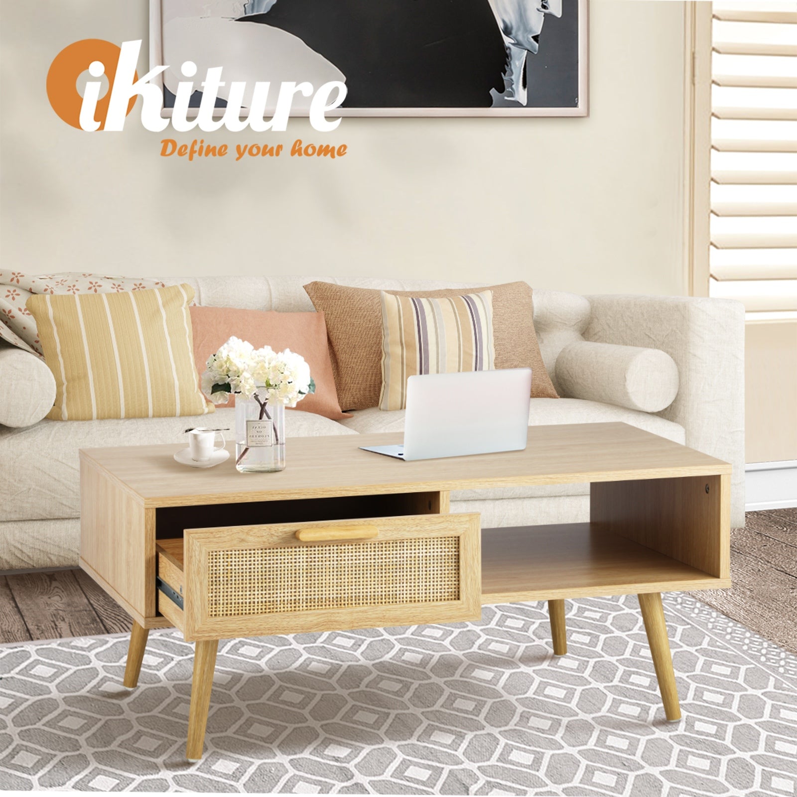 Oikiture Coffee Table Rattan Storage Drawer Shelf Book Modern Wooden Tables - Sunyee