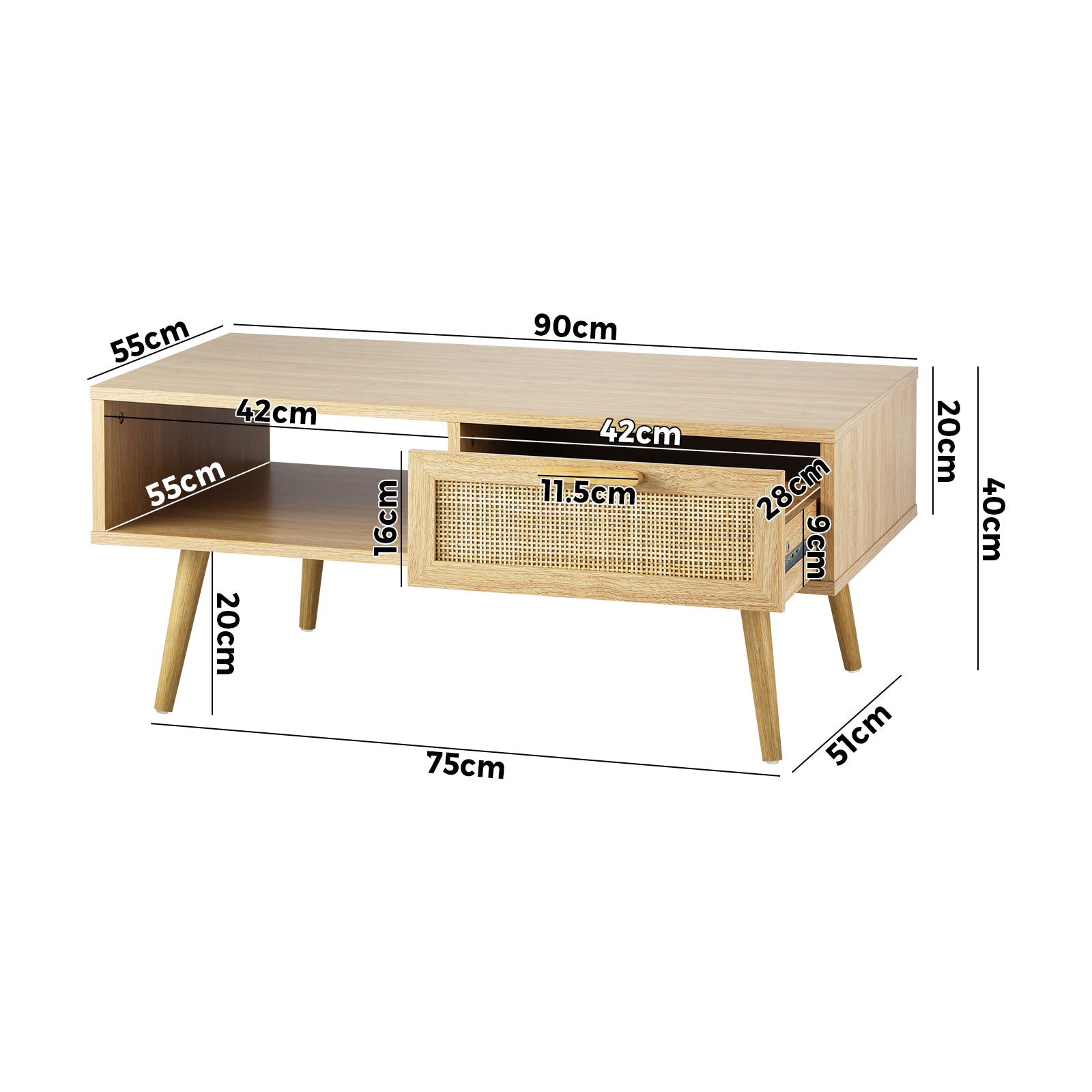 Oikiture Coffee Table Rattan Storage Drawer Shelf Book Modern Wooden Tables - Sunyee