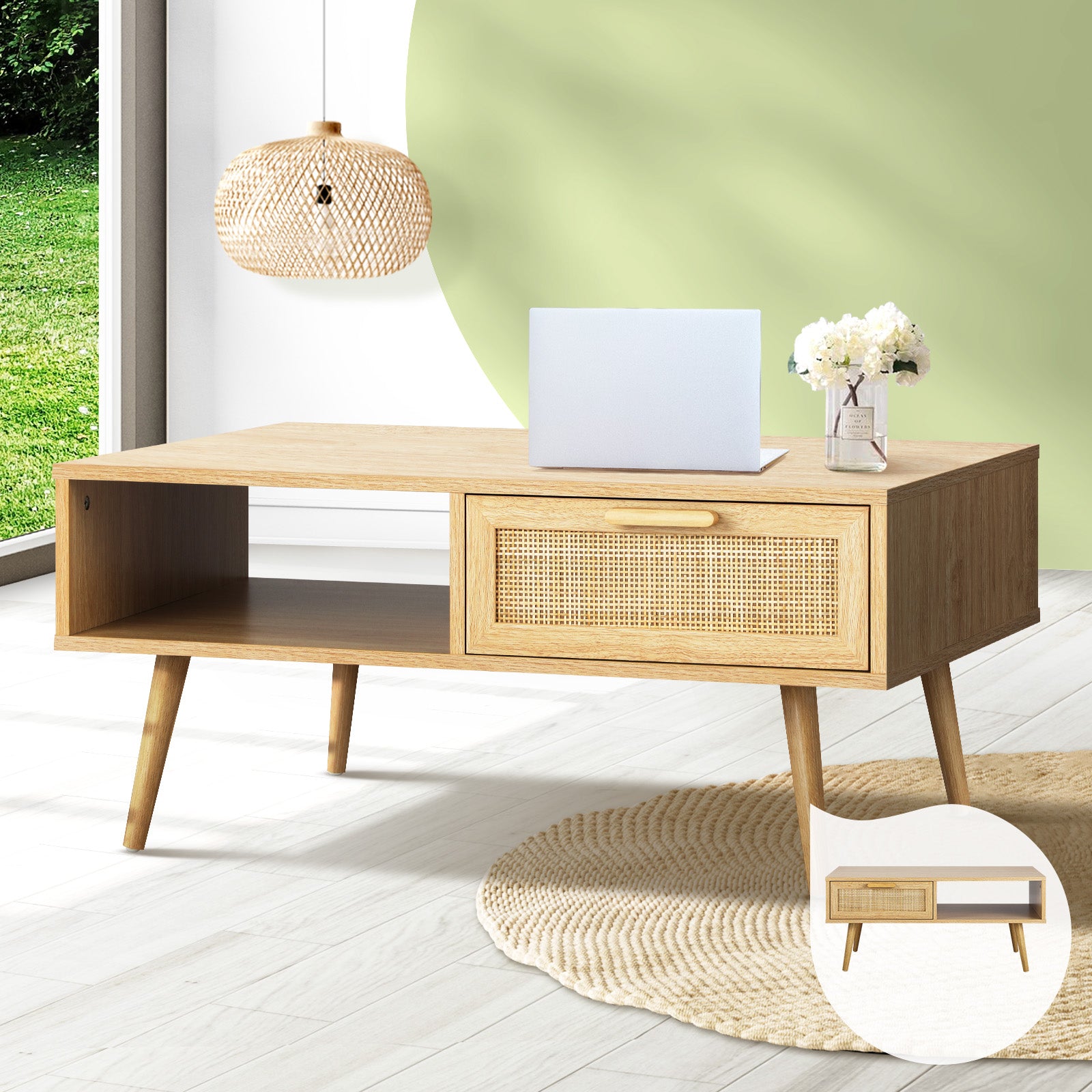 Oikiture Coffee Table Rattan Storage Drawer Shelf Book Modern Wooden Tables - Sunyee