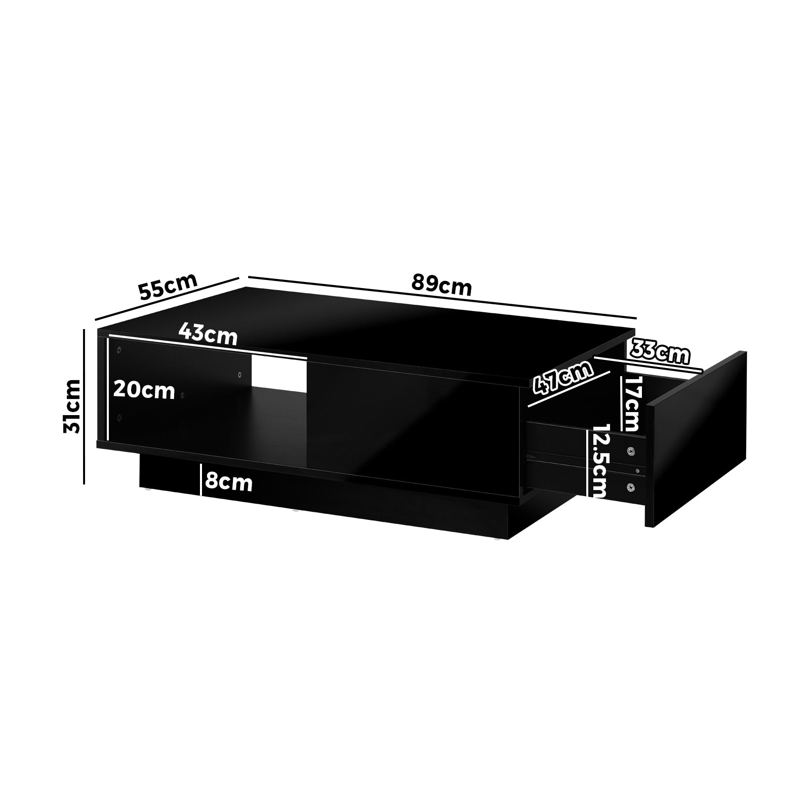 Oikiture Coffee Table LED Light High Gloss Storage Drawer Modern Furniture Black - Sunyee