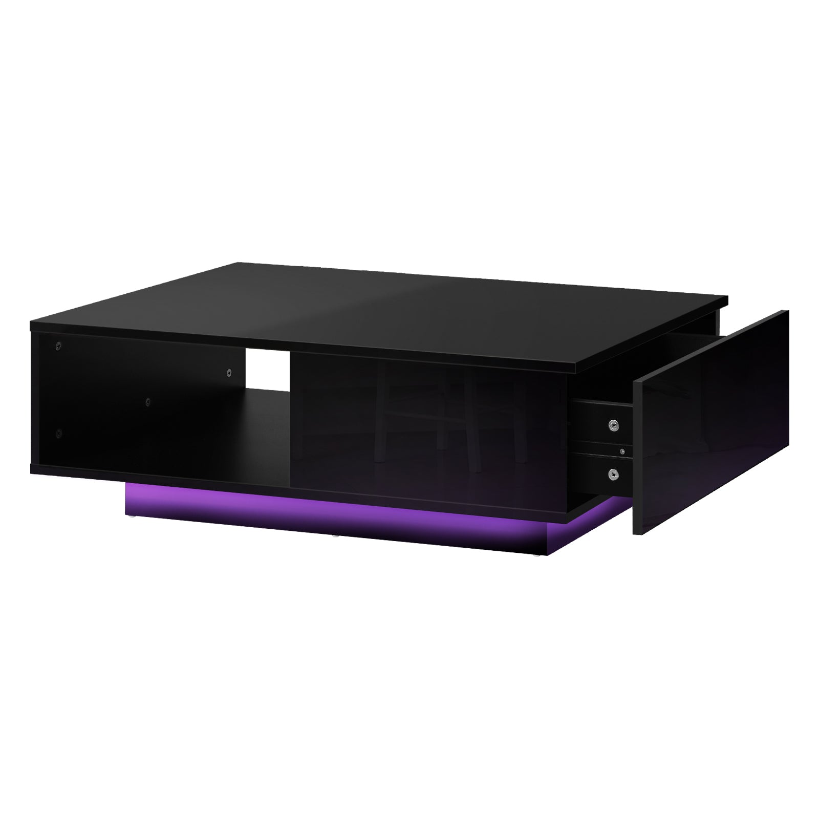 Oikiture Coffee Table LED Light High Gloss Storage Drawer Modern Furniture Black - Sunyee