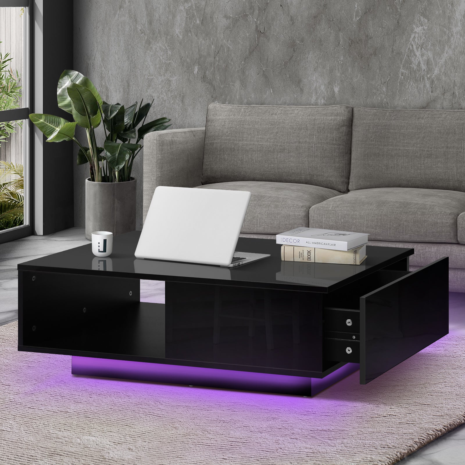 Oikiture Coffee Table LED Light High Gloss Storage Drawer Modern Furniture Black - Sunyee