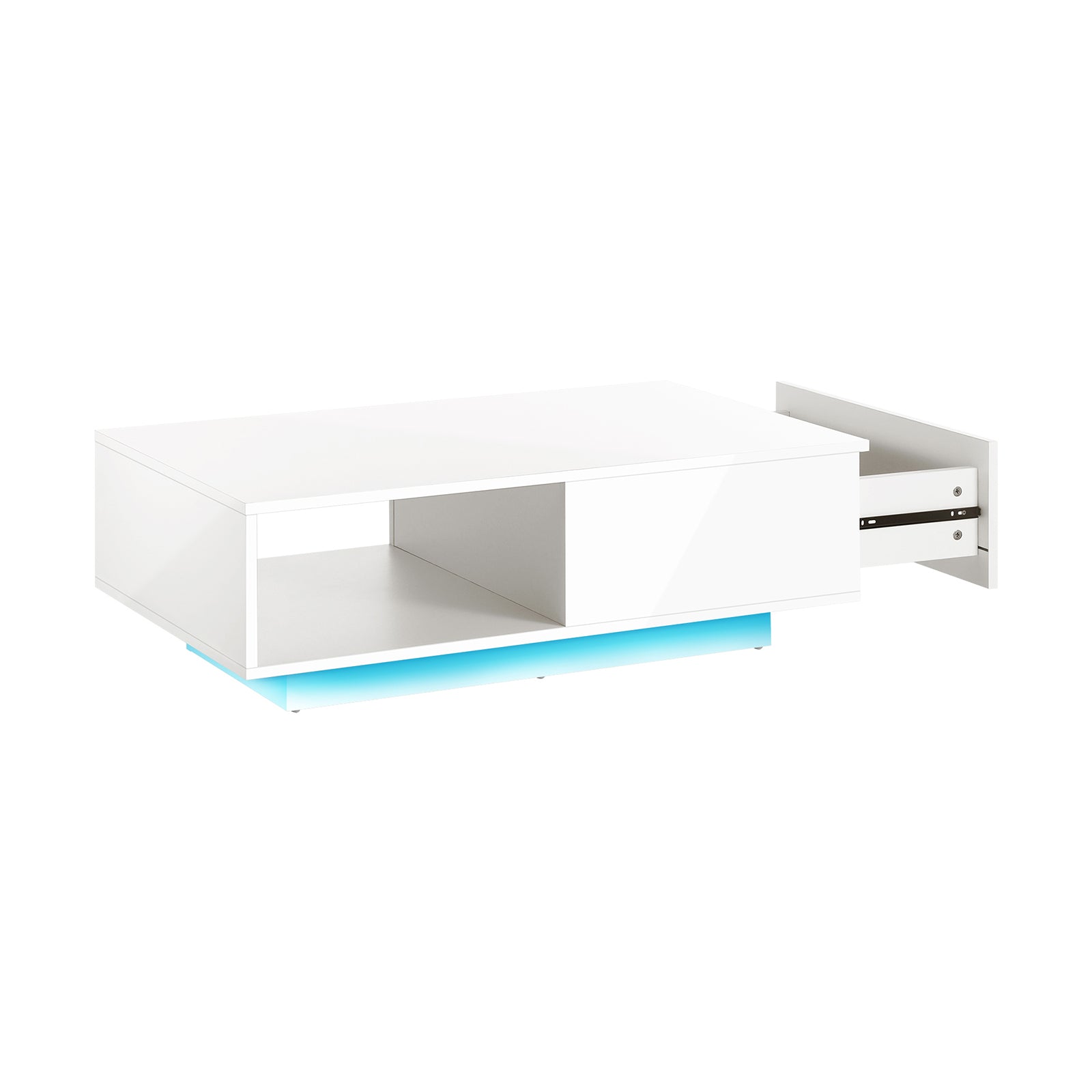 Oikiture Coffee Table LED Light High Gloss Storage Drawer Modern Furniture White - Sunyee