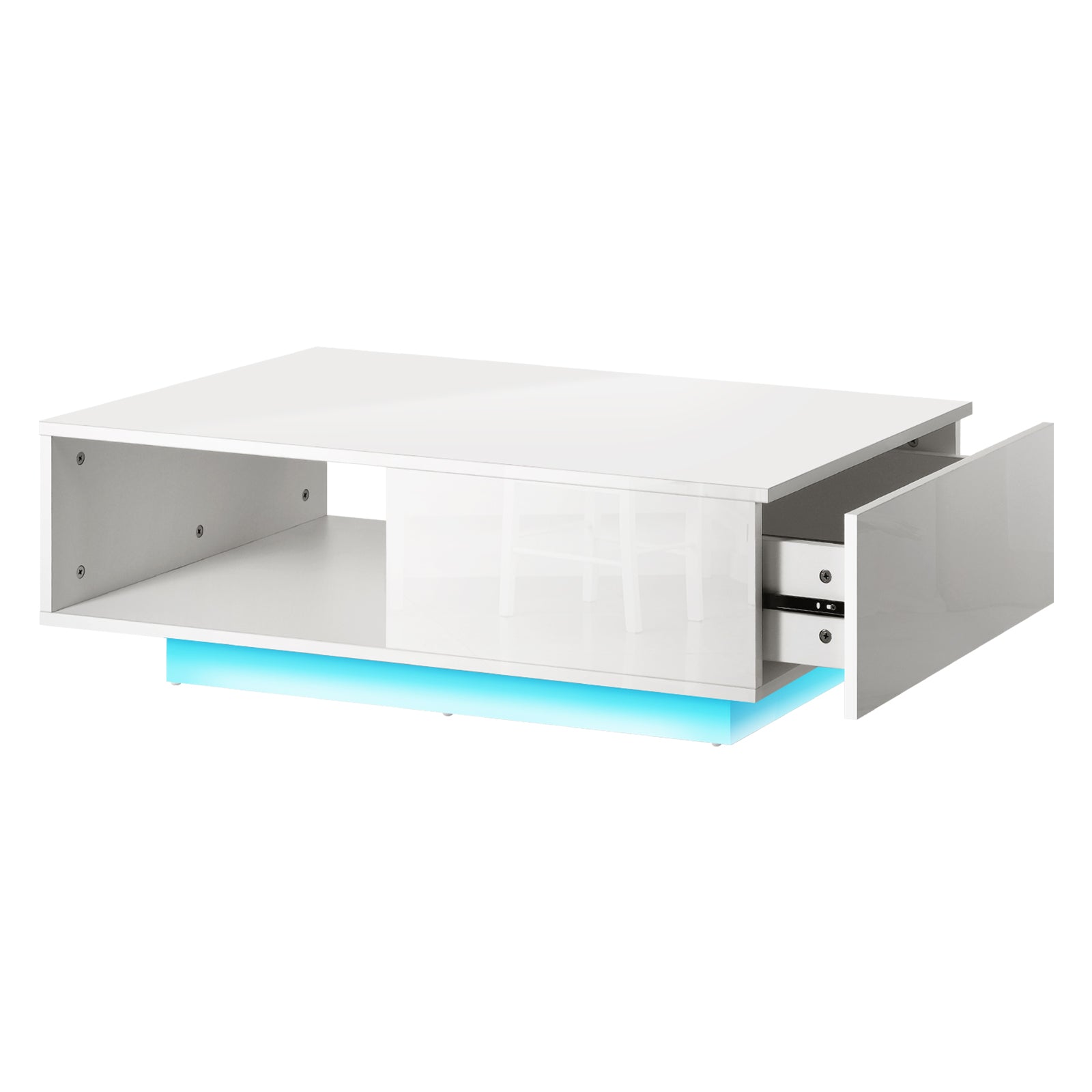 Oikiture Coffee Table LED Light High Gloss Storage Drawer Modern Furniture White - Sunyee