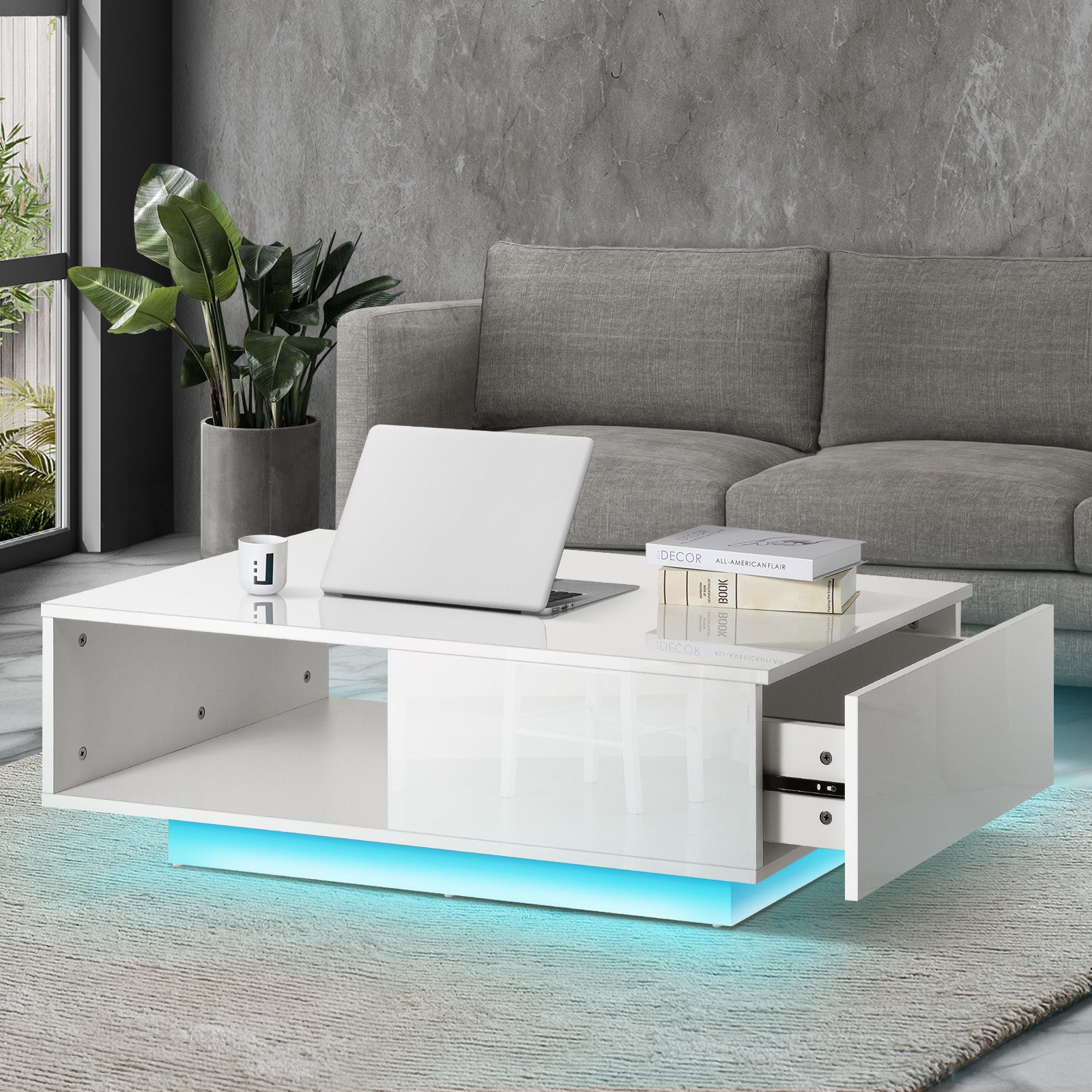 Oikiture Coffee Table LED Light High Gloss Storage Drawer Modern Furniture White - Sunyee