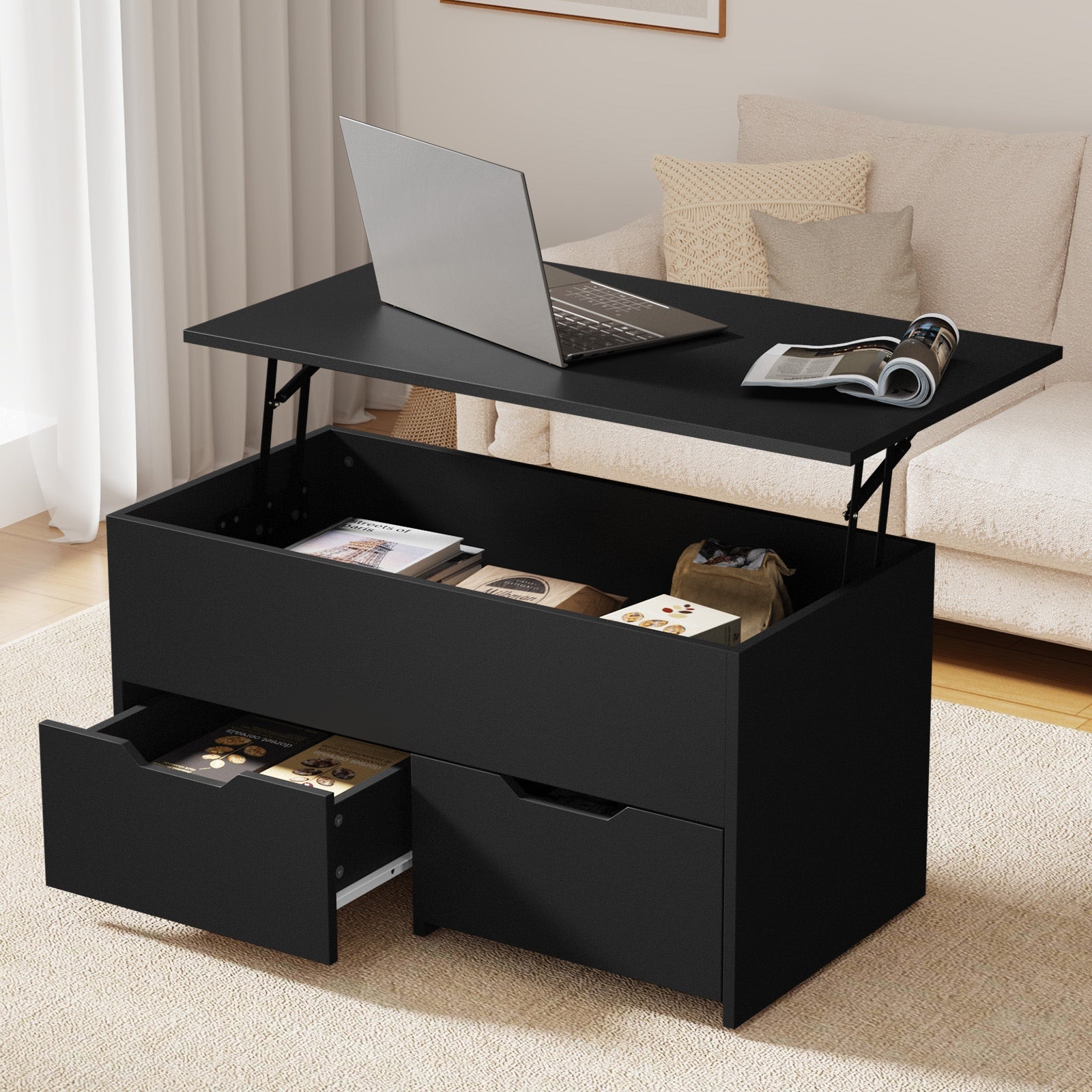 Oikiture Coffee Table Lift Up Top Hidden Storage Laptop Desk 2 Drawers Black - Sunyee