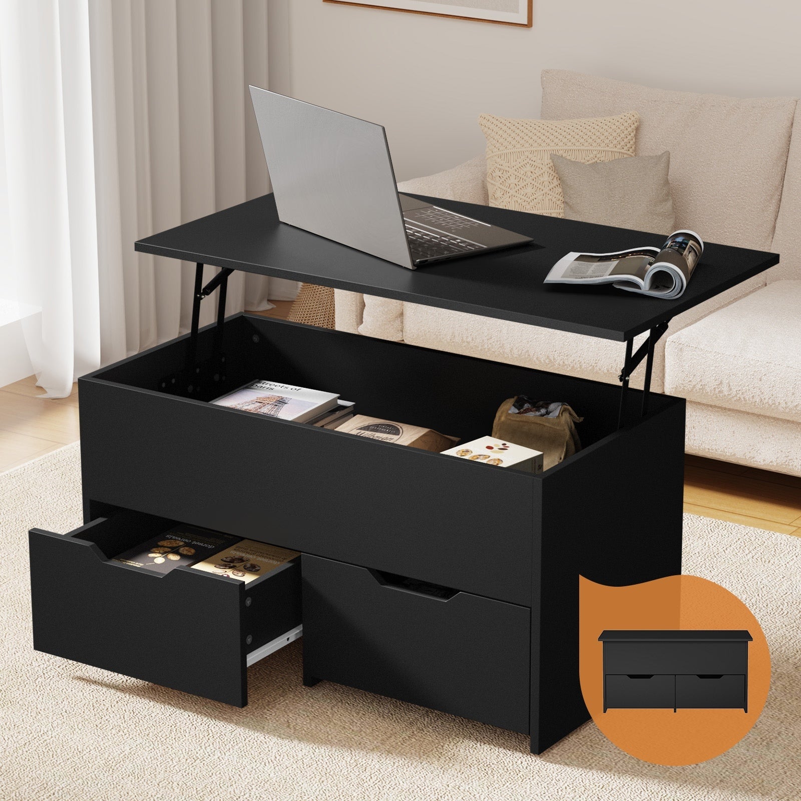 Oikiture Coffee Table Lift Up Top Hidden Storage Laptop Desk 2 Drawers Black - Sunyee