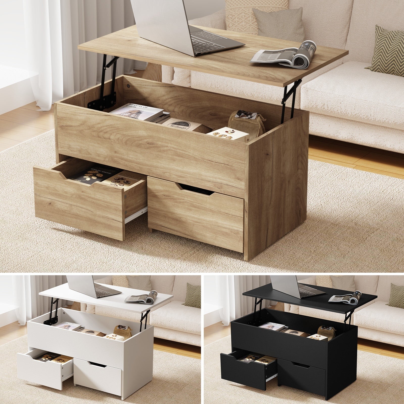 Oikiture Coffee Table Lift Up Top Laptop Desk Hidden Storage Drawers - Sunyee