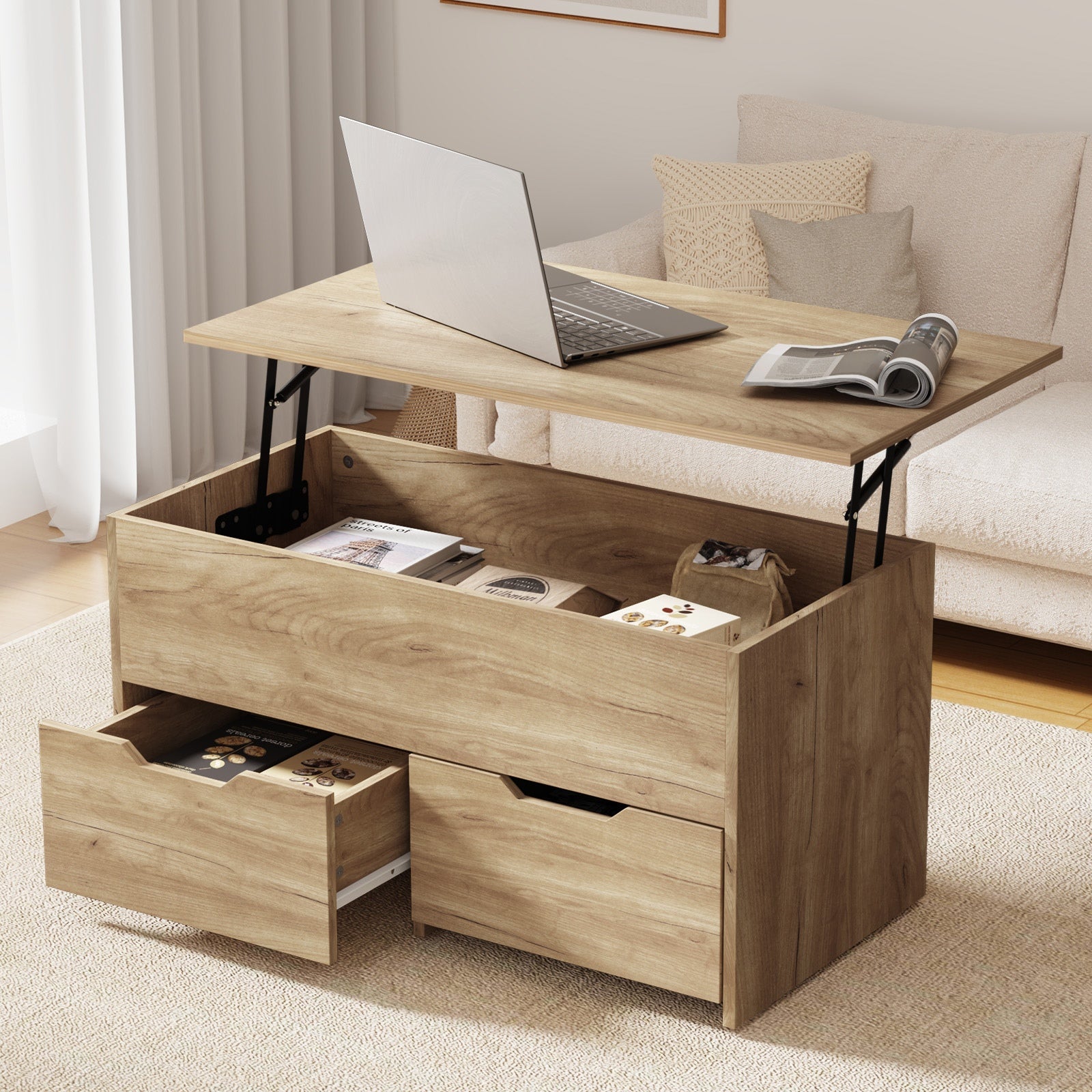 Oikiture Coffee Table Lift Up Top Hidden Storage Laptop Desk 2 Drawers Natural - Sunyee