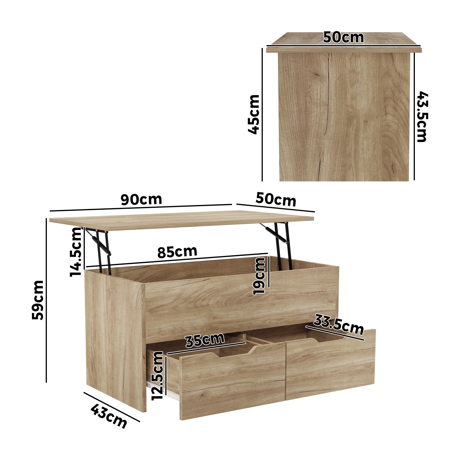 Oikiture Coffee Table Lift Up Top Hidden Storage Laptop Desk 2 Drawers Natural - Sunyee