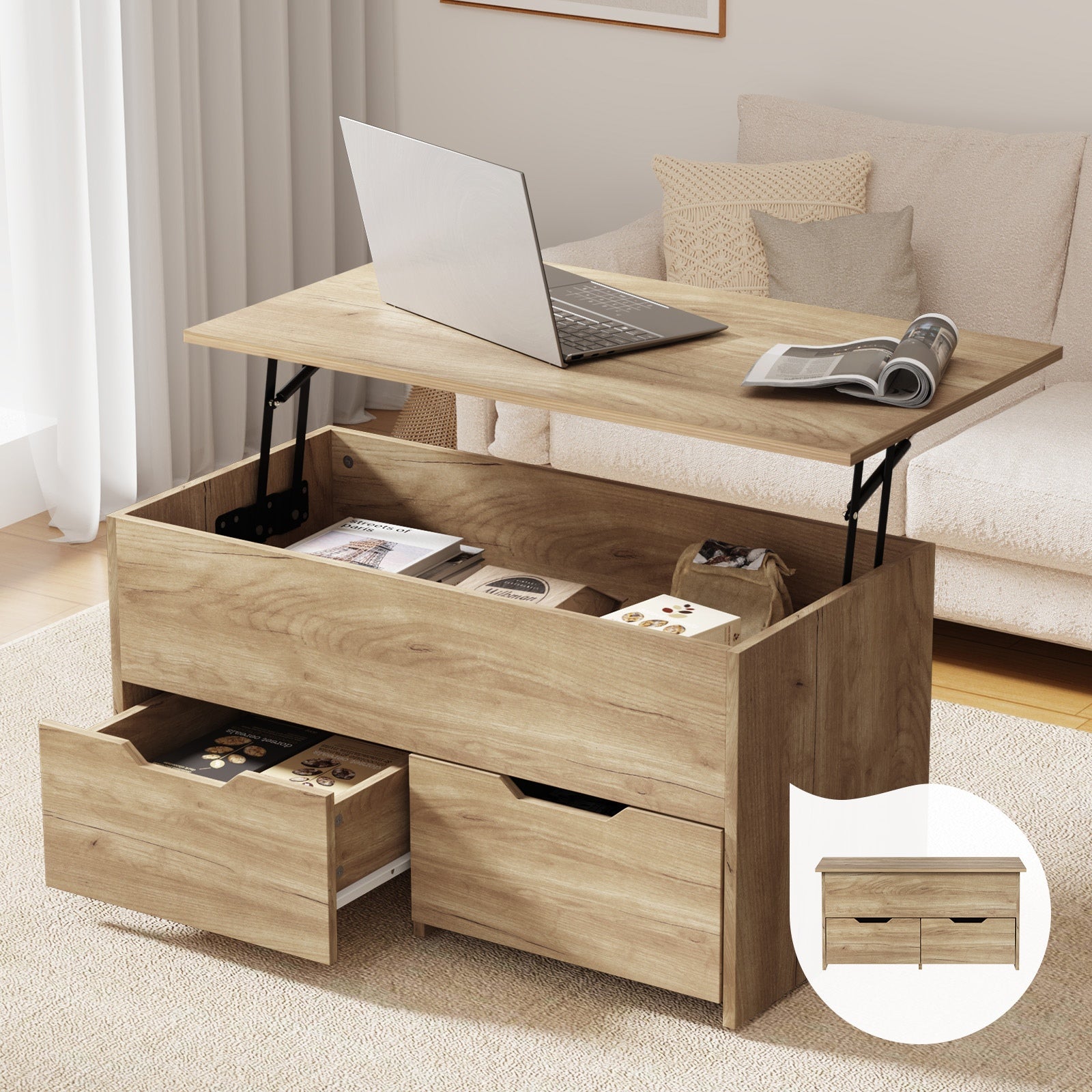 Oikiture Coffee Table Lift Up Top Hidden Storage Laptop Desk 2 Drawers Natural - Sunyee