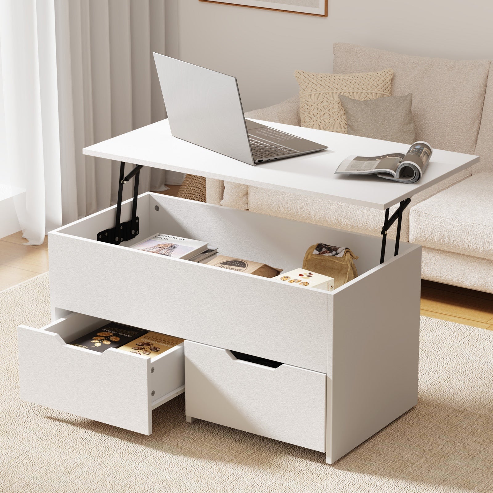 Oikiture Coffee Table Lift Up Top Hidden Storage Laptop Desk 2 Drawers White - Sunyee