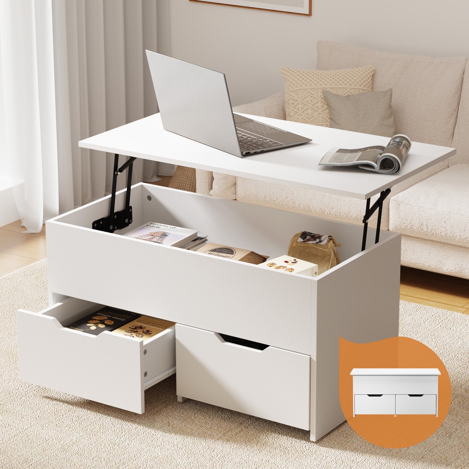 Oikiture Coffee Table Lift Up Top Hidden Storage Laptop Desk 2 Drawers White - Sunyee