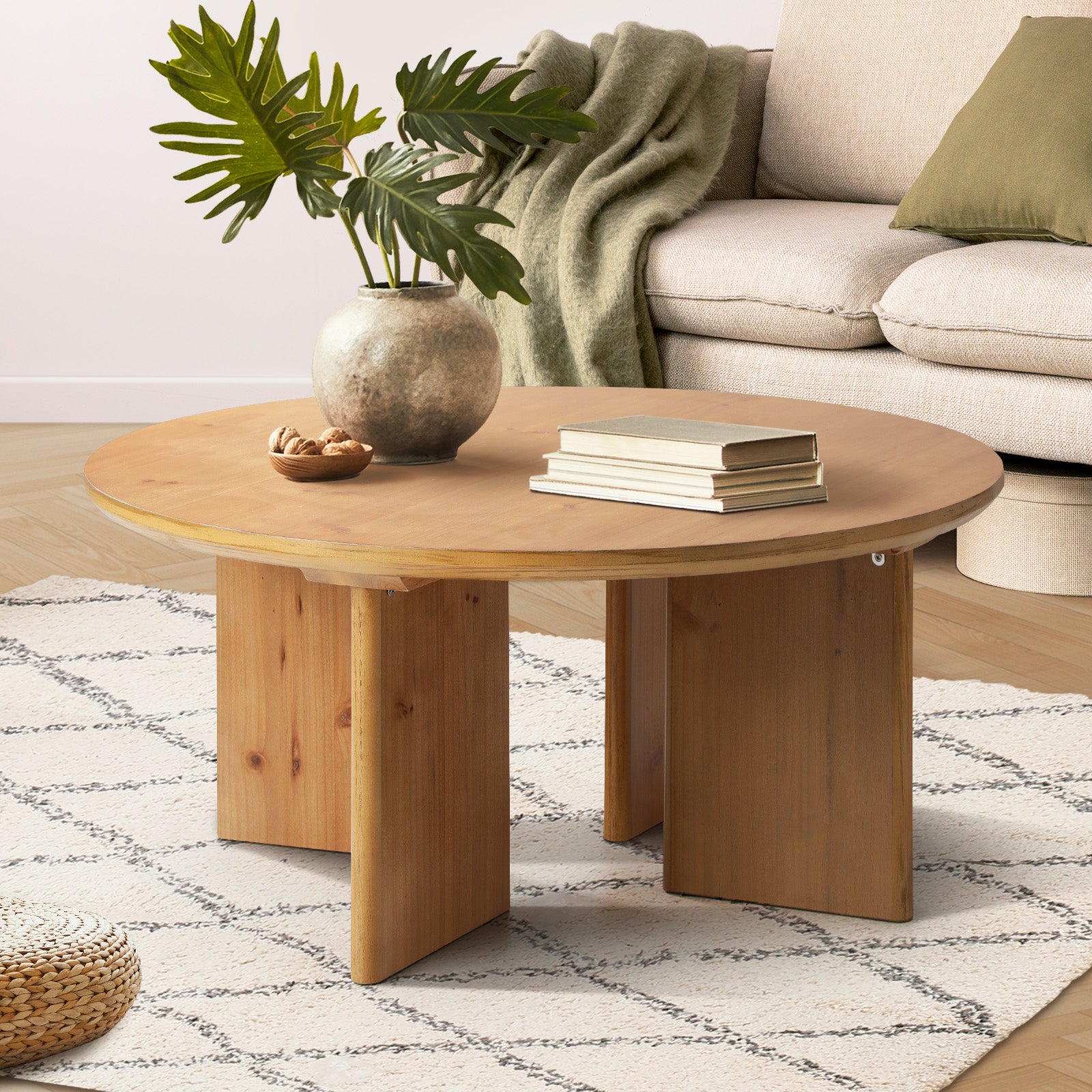 Oikiture Coffee Table Round Side End Tables Sofa Cafe Desk Wooden Natural - Sunyee