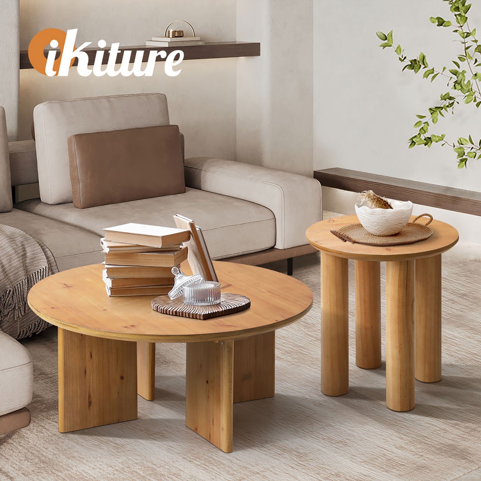 Oikiture Coffee Table Round Side End Tables Sofa Cafe Desk Wooden Natural - Sunyee