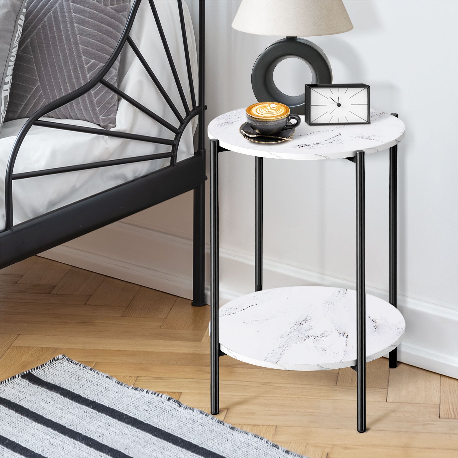 Oikiture Side End Table Coffee Sofa Bedside Nightstand Round Dual-Tier Marble - Sunyee
