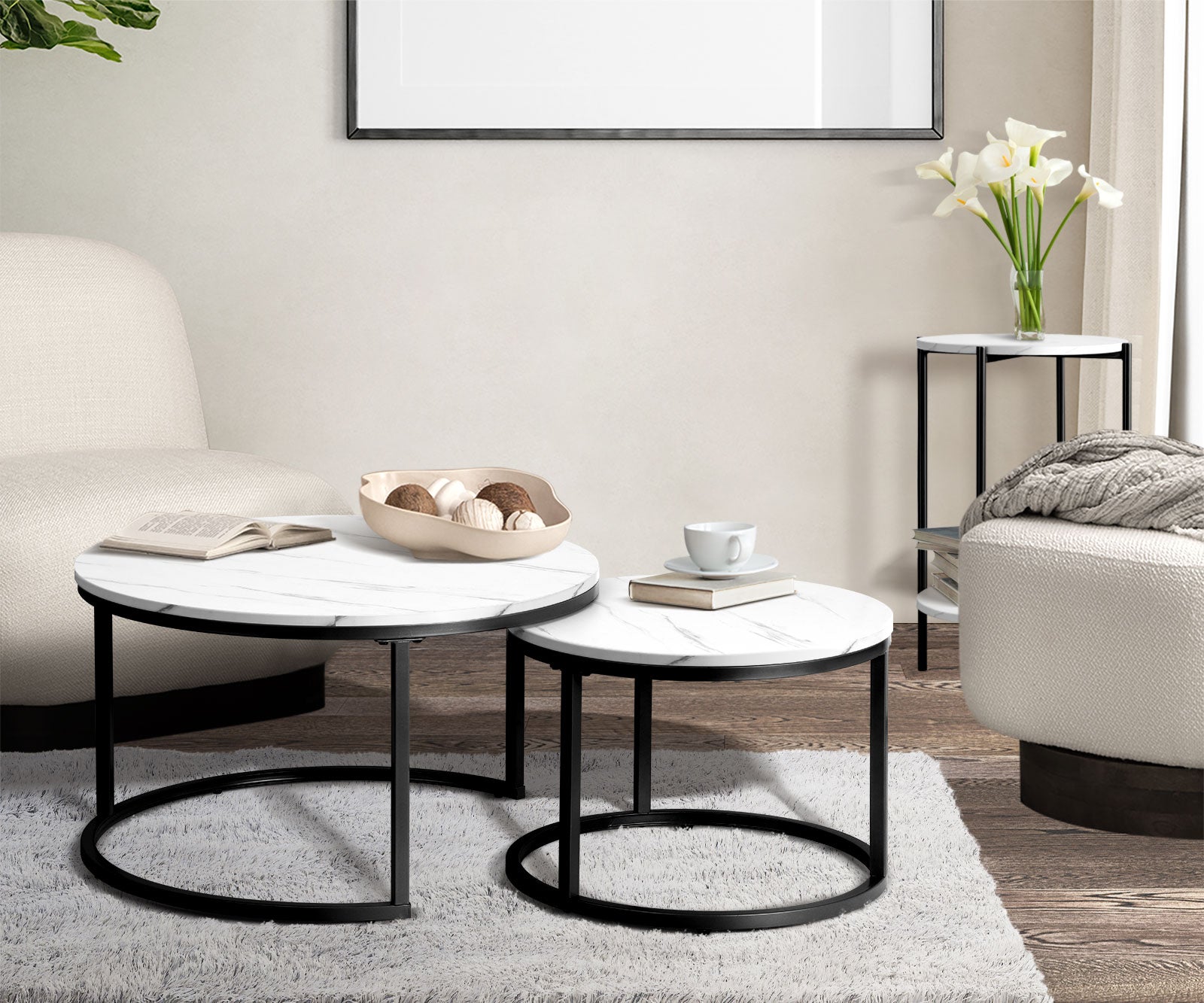 Oikiture Side End Table Coffee Sofa Bedside Nightstand Round Dual-Tier Marble - Sunyee