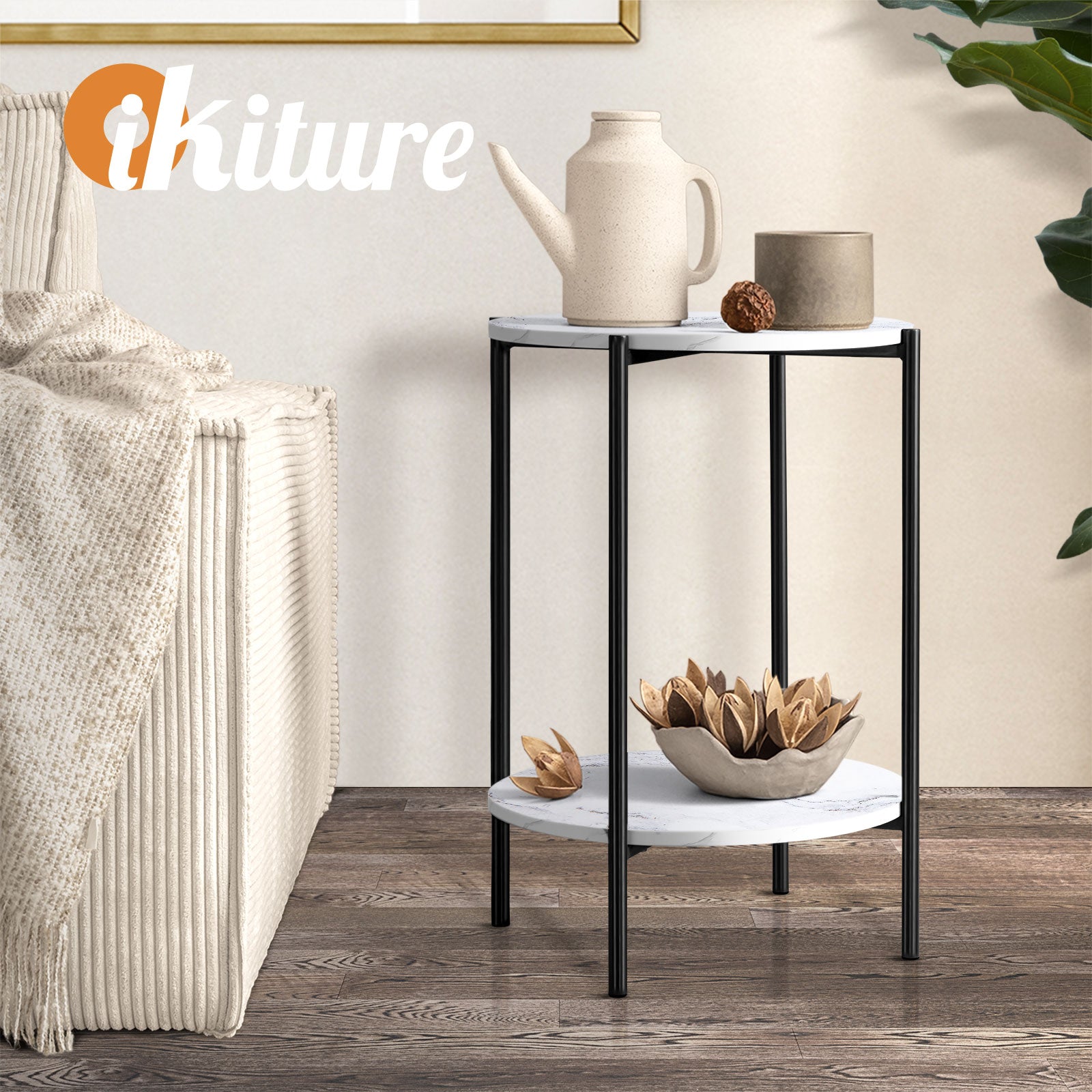 Oikiture Side End Table Coffee Sofa Bedside Nightstand Round Dual-Tier Marble - Sunyee