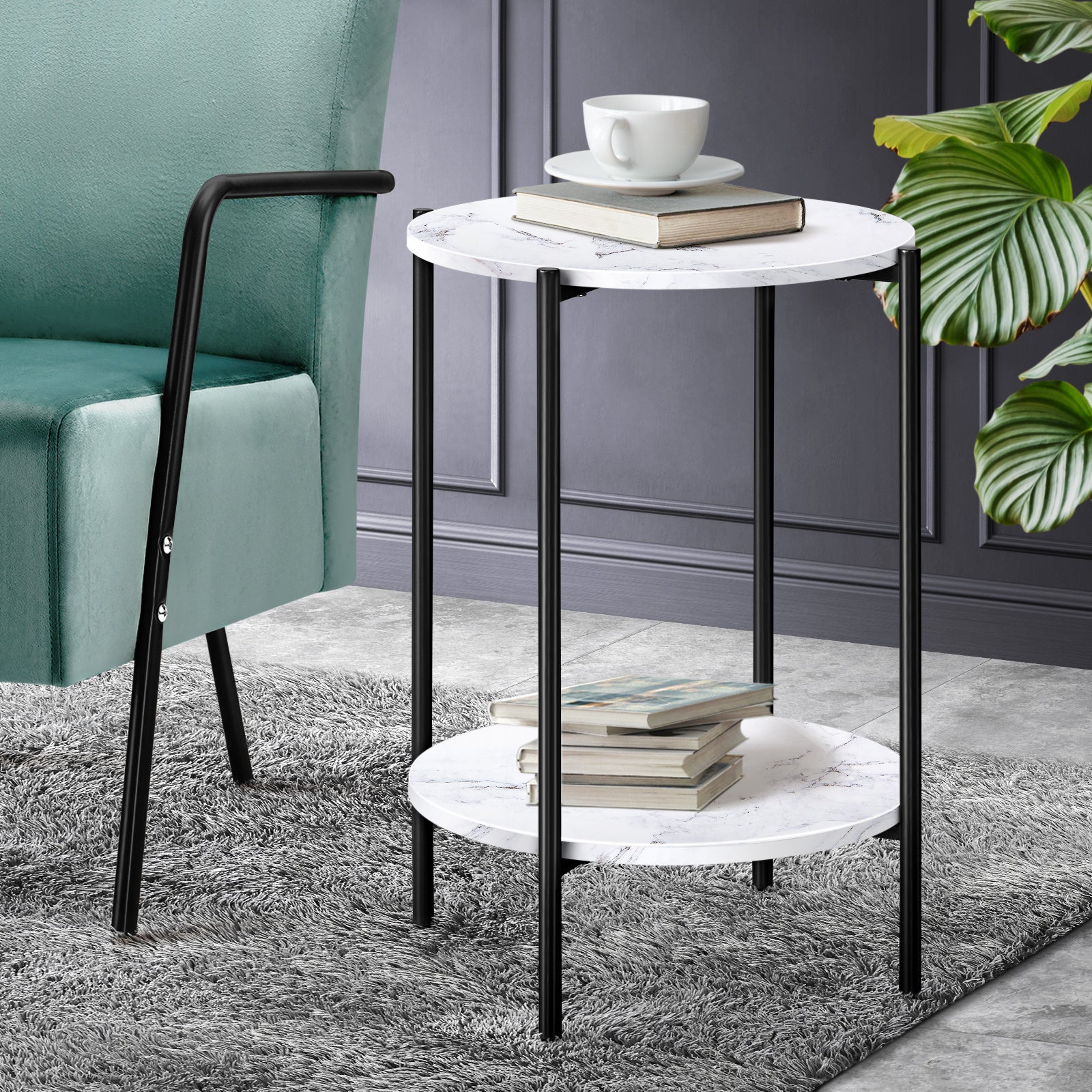 Oikiture Side End Table Coffee Sofa Bedside Nightstand Round Dual-Tier Marble - Sunyee
