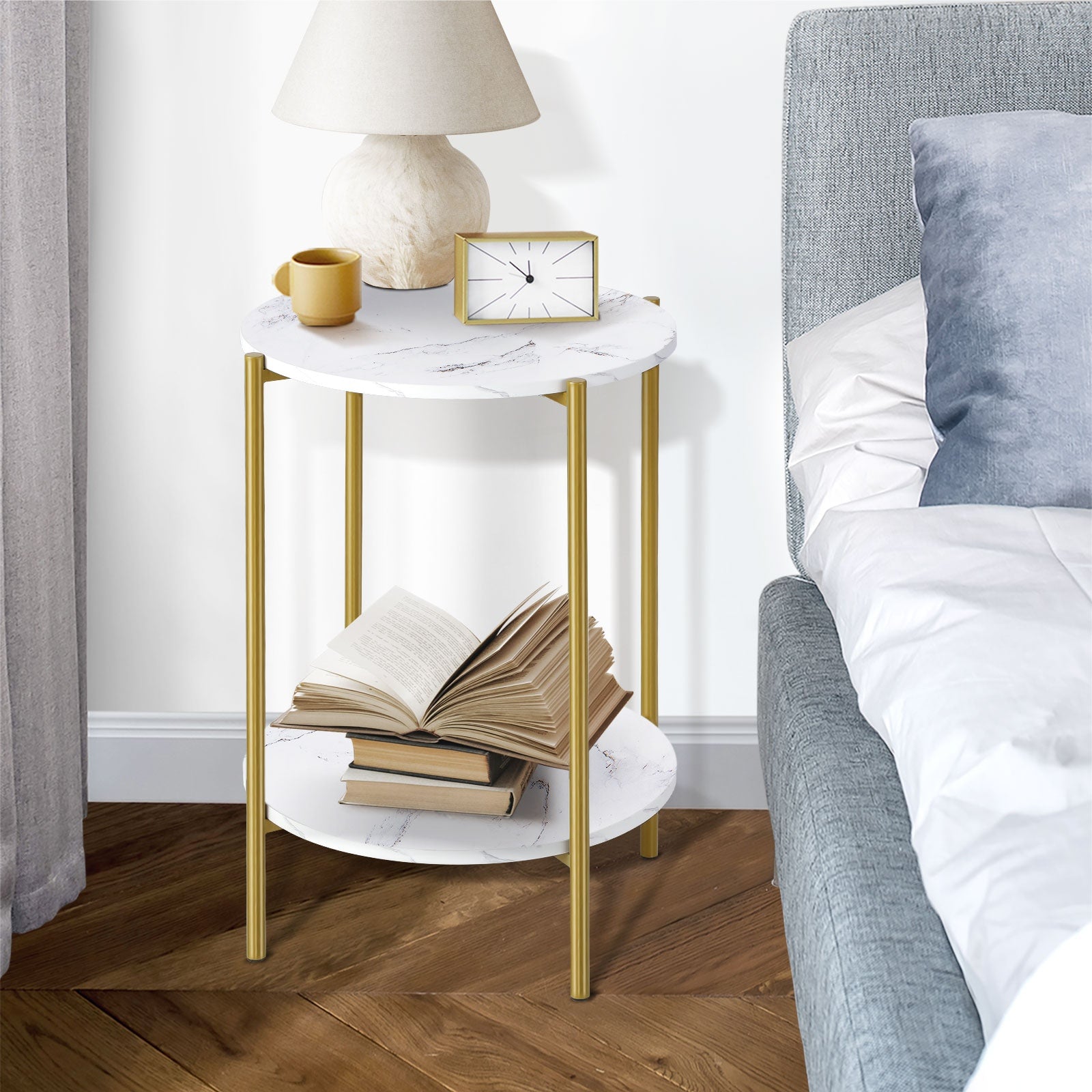 Oikiture Side End Table Coffee Sofa Bedside Nightstand Marble Round Dual-Tier - Sunyee