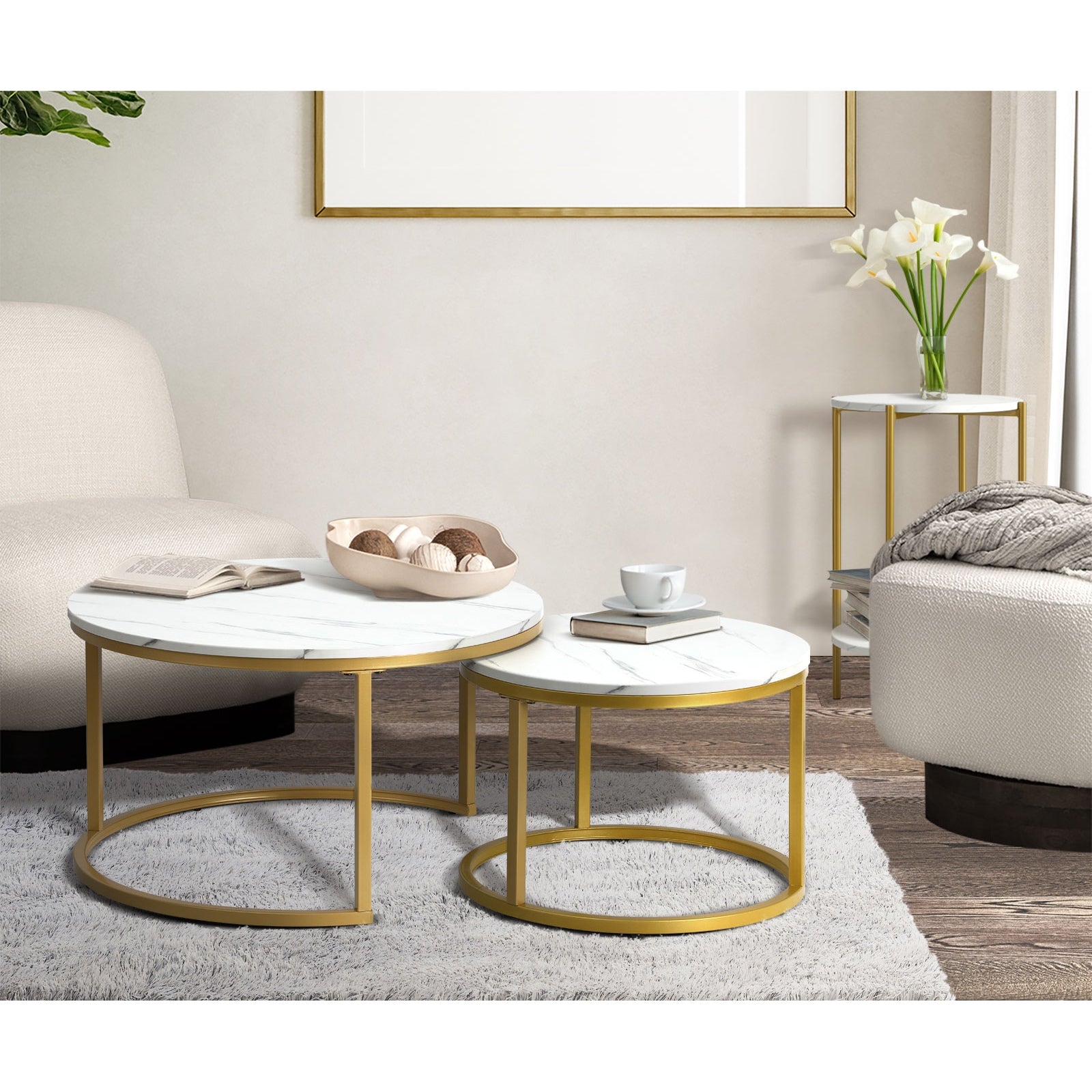 Oikiture Side End Table Coffee Sofa Bedside Nightstand Marble Round Dual-Tier - Sunyee