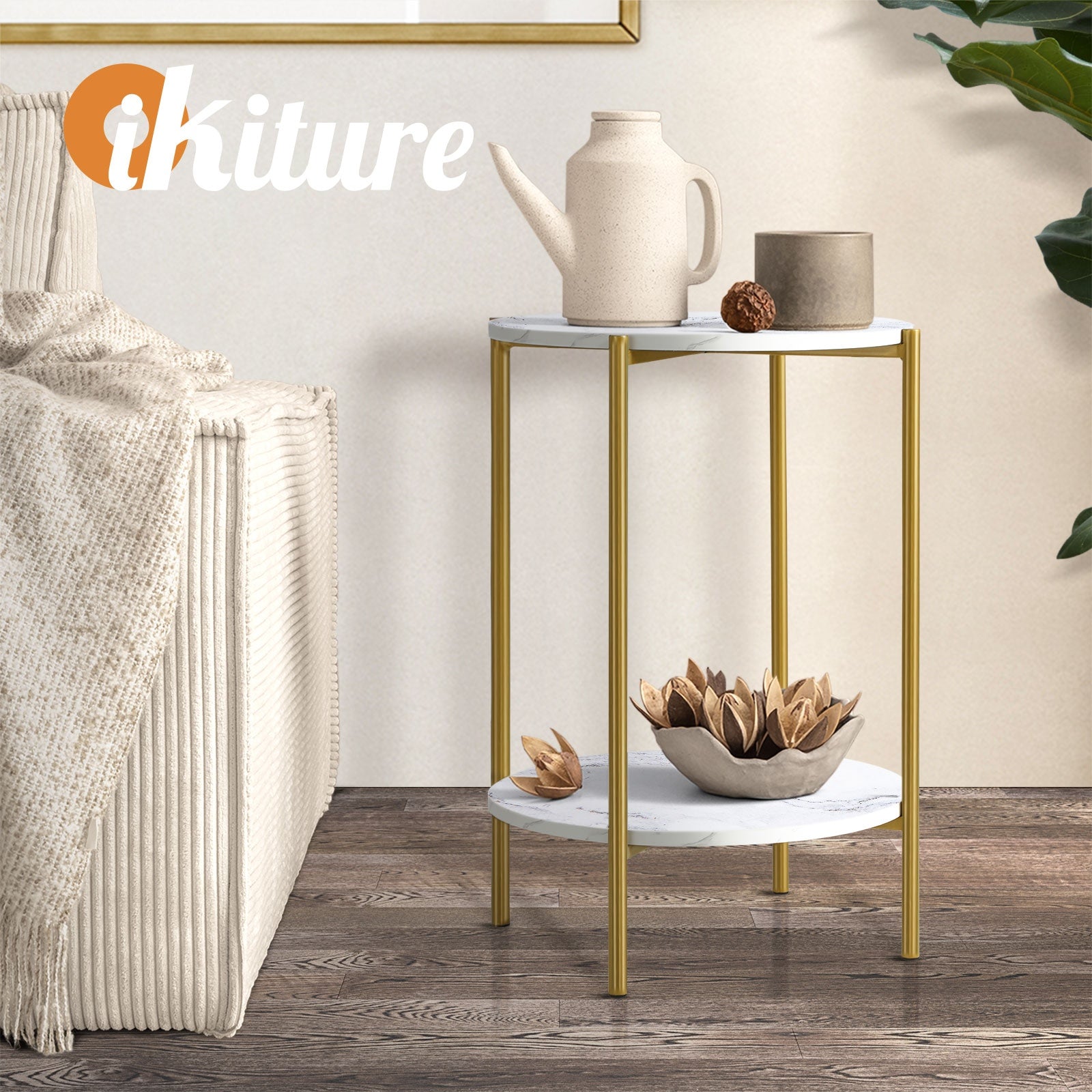 Oikiture Side End Table Coffee Sofa Bedside Nightstand Marble Round Dual-Tier - Sunyee