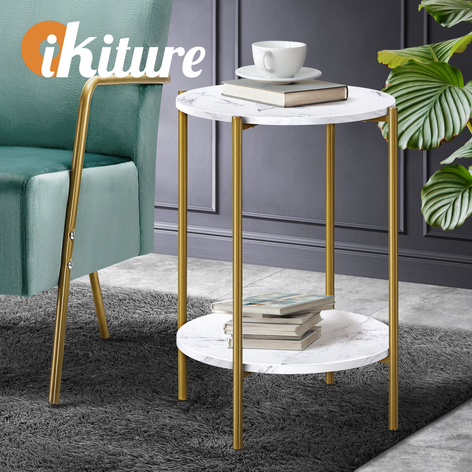 Oikiture Side End Table Coffee Sofa Bedside Nightstand Marble Round Dual-Tier - Sunyee