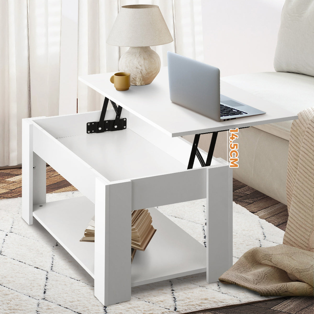 Oikiture Coffee Table Lift Up Top Convertible Storage Book Shelf