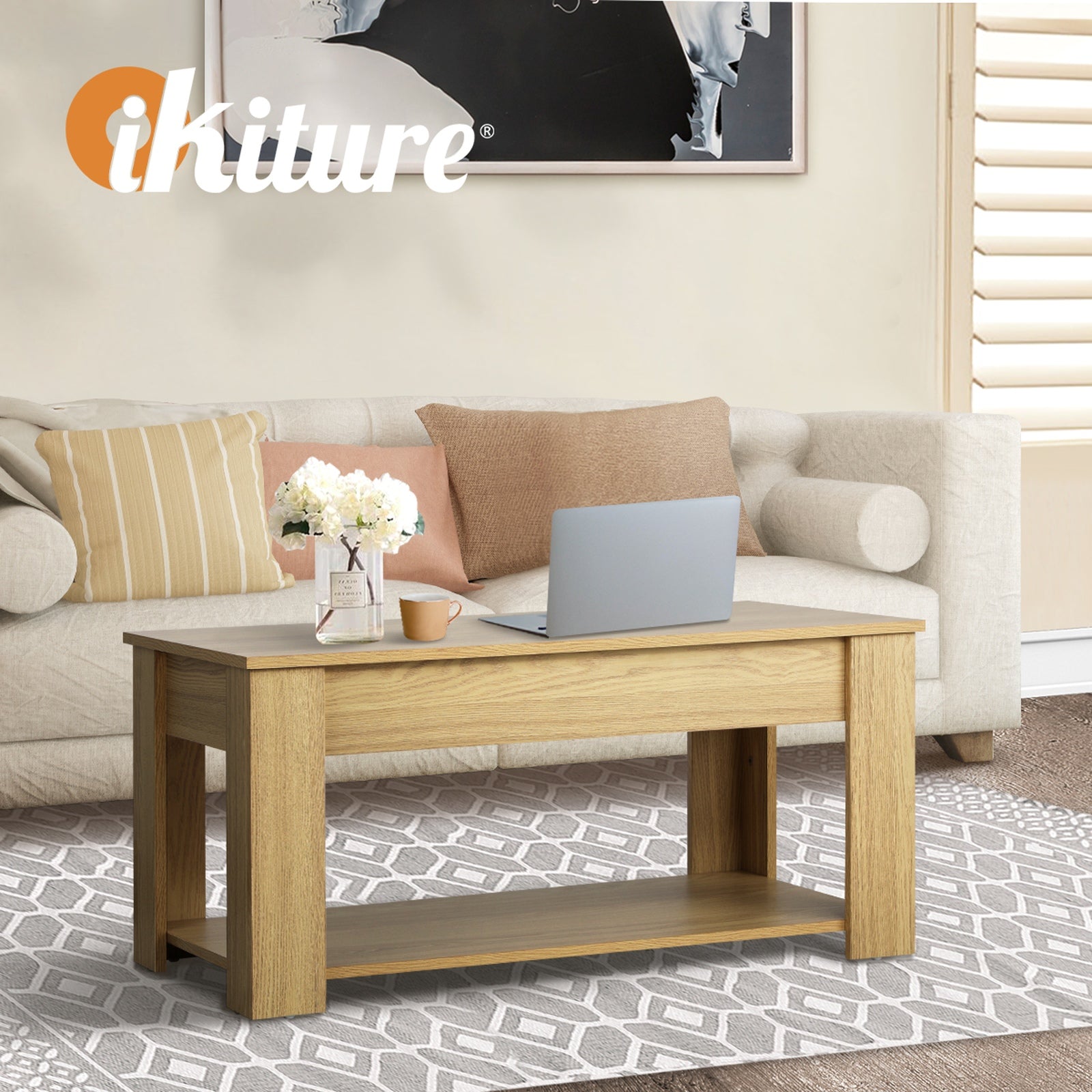 Oikiture Coffee Table Lift Up Top Convertible Storage Book Shelf