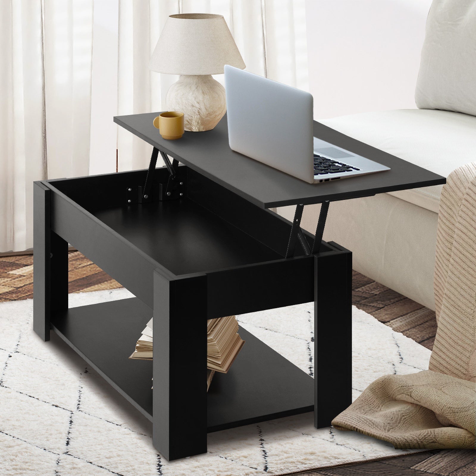 Oikiture Coffee Table Lift Up Top Modern Tables Hidden Book Storage Black - Sunyee
