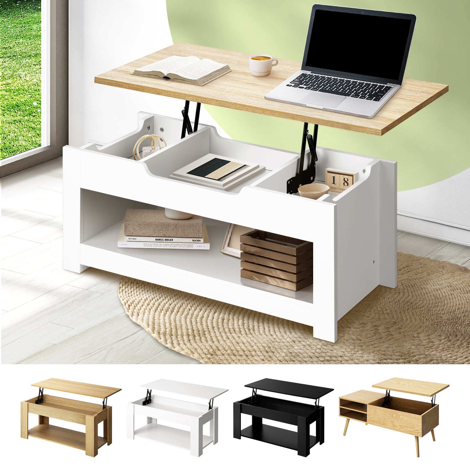 Oikiture Coffee Table Lift Up Top Modern Table Hidden Book Storage Shelf Display - Sunyee
