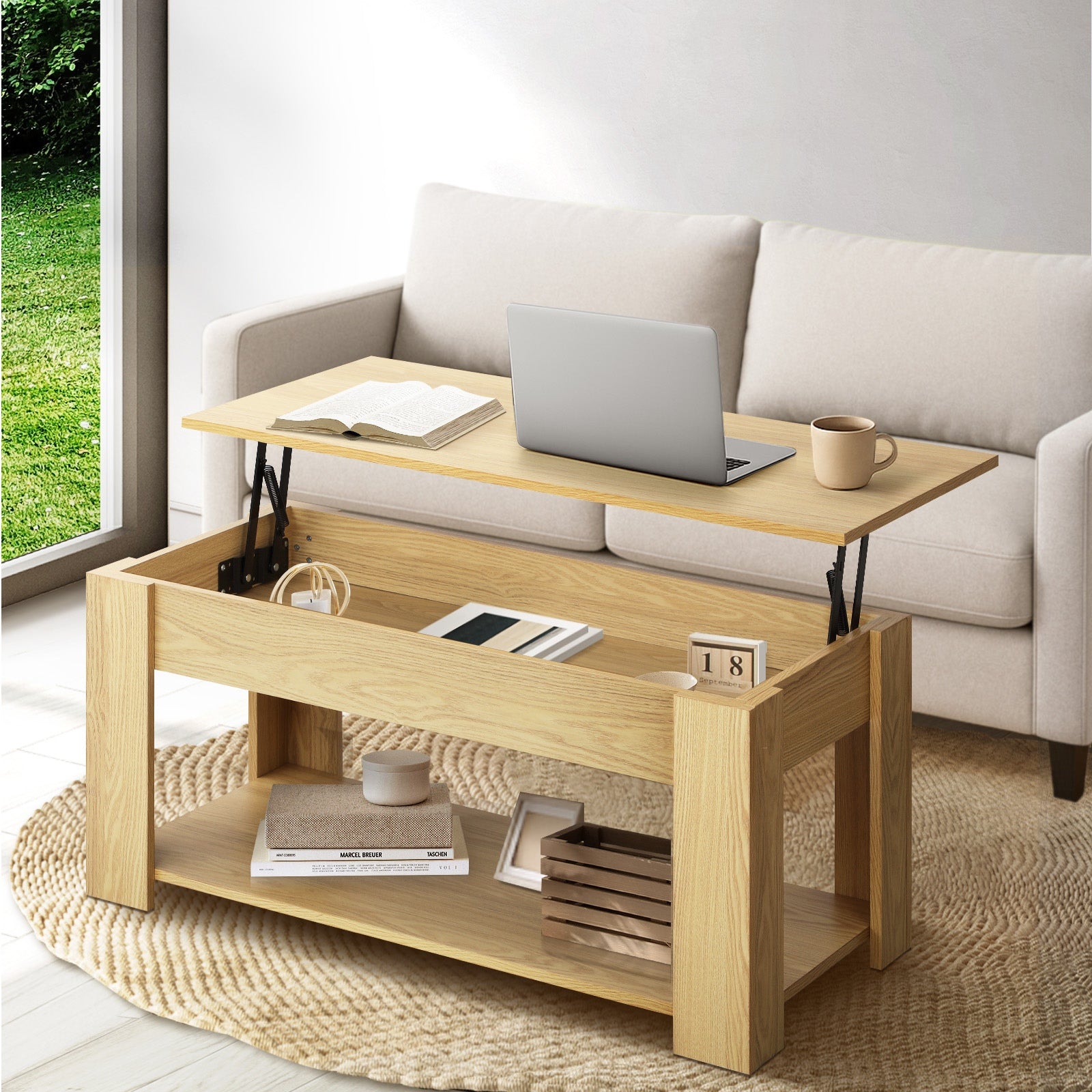 Oikiture Coffee Table Lift Up Top Modern Tables Hidden Book Storage Natural - Sunyee