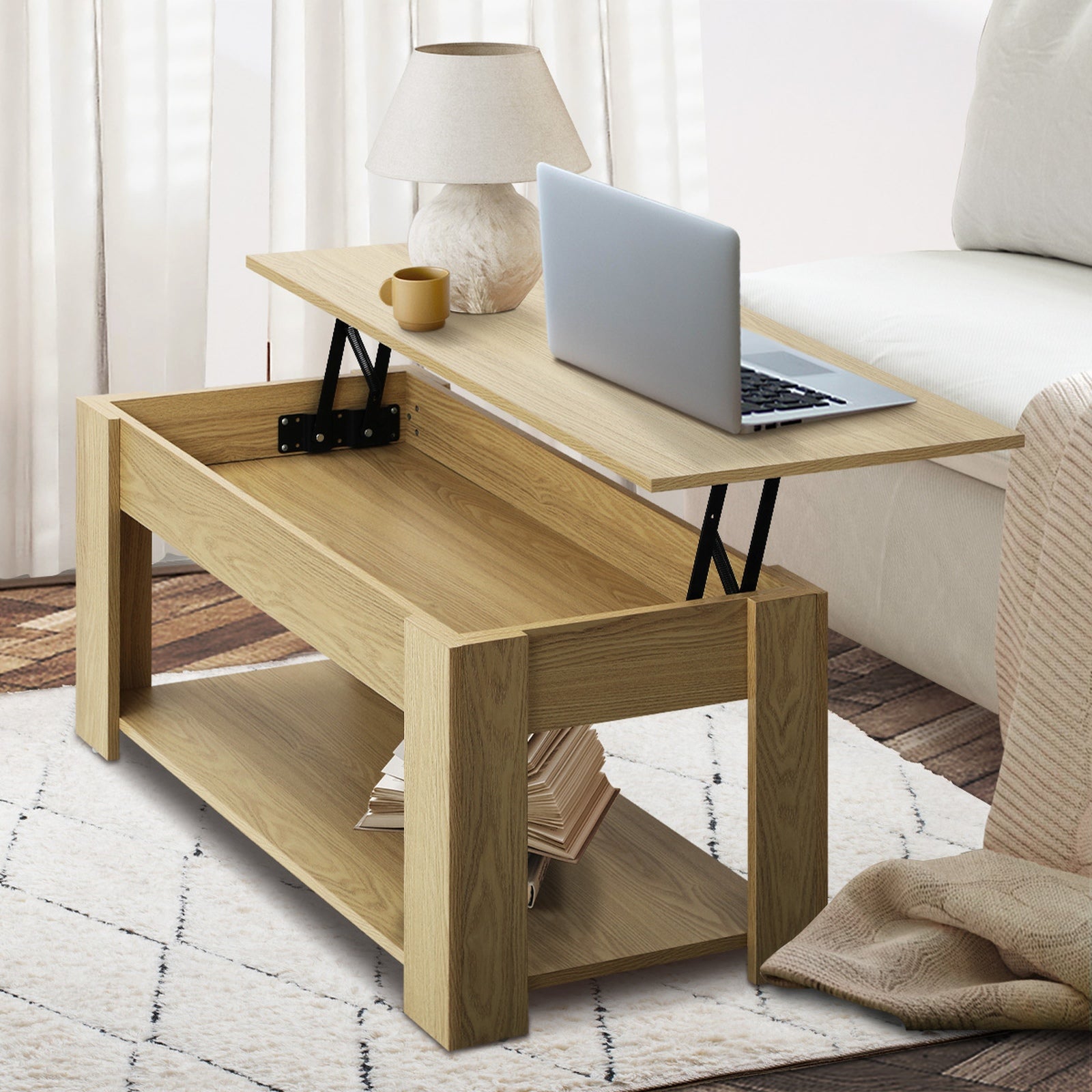 Oikiture Coffee Table Lift Up Top Modern Tables Hidden Book Storage Natural - Sunyee