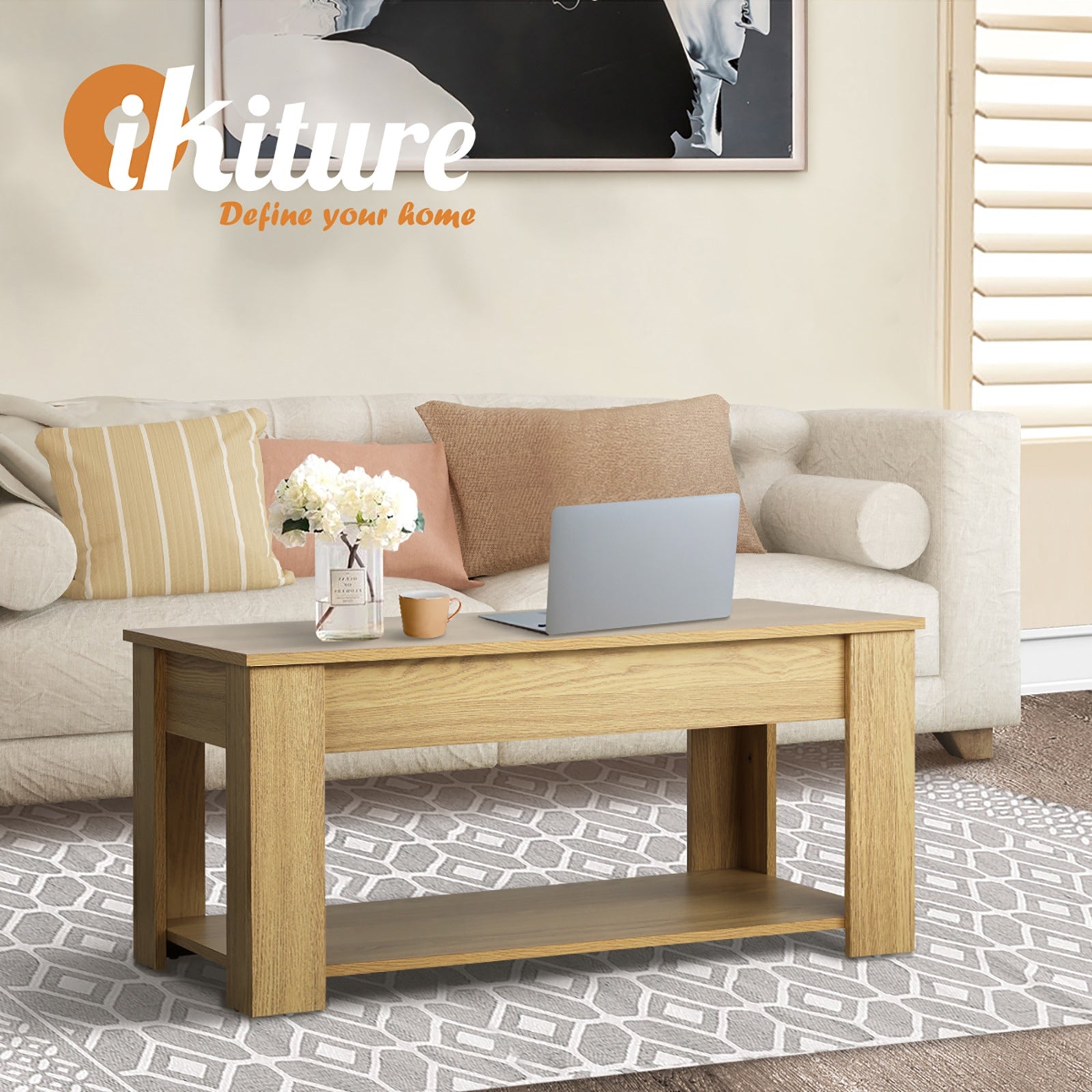 Oikiture Coffee Table Lift Up Top Modern Tables Hidden Book Storage Natural - Sunyee