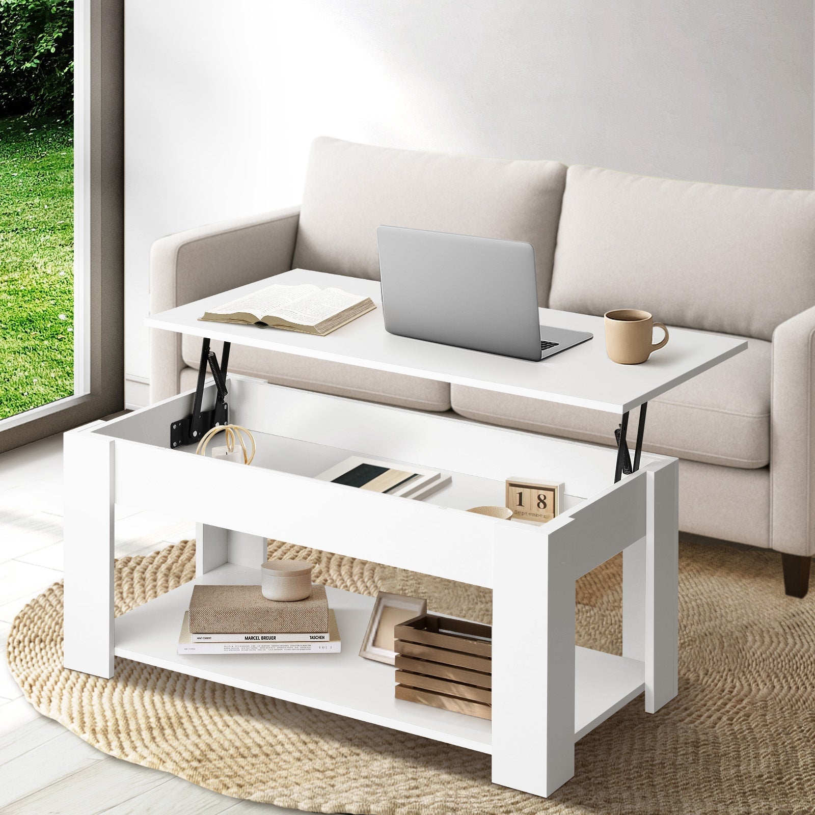 Oikiture Coffee Table Lift Up Top Modern Tables Hidden Book Storage White - Sunyee