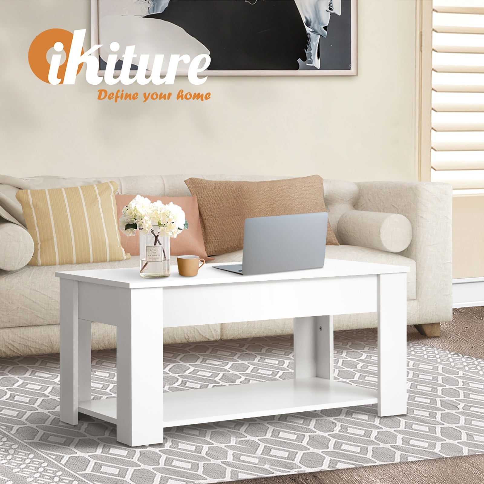 Oikiture Coffee Table Lift Up Top Modern Tables Hidden Book Storage White - Sunyee