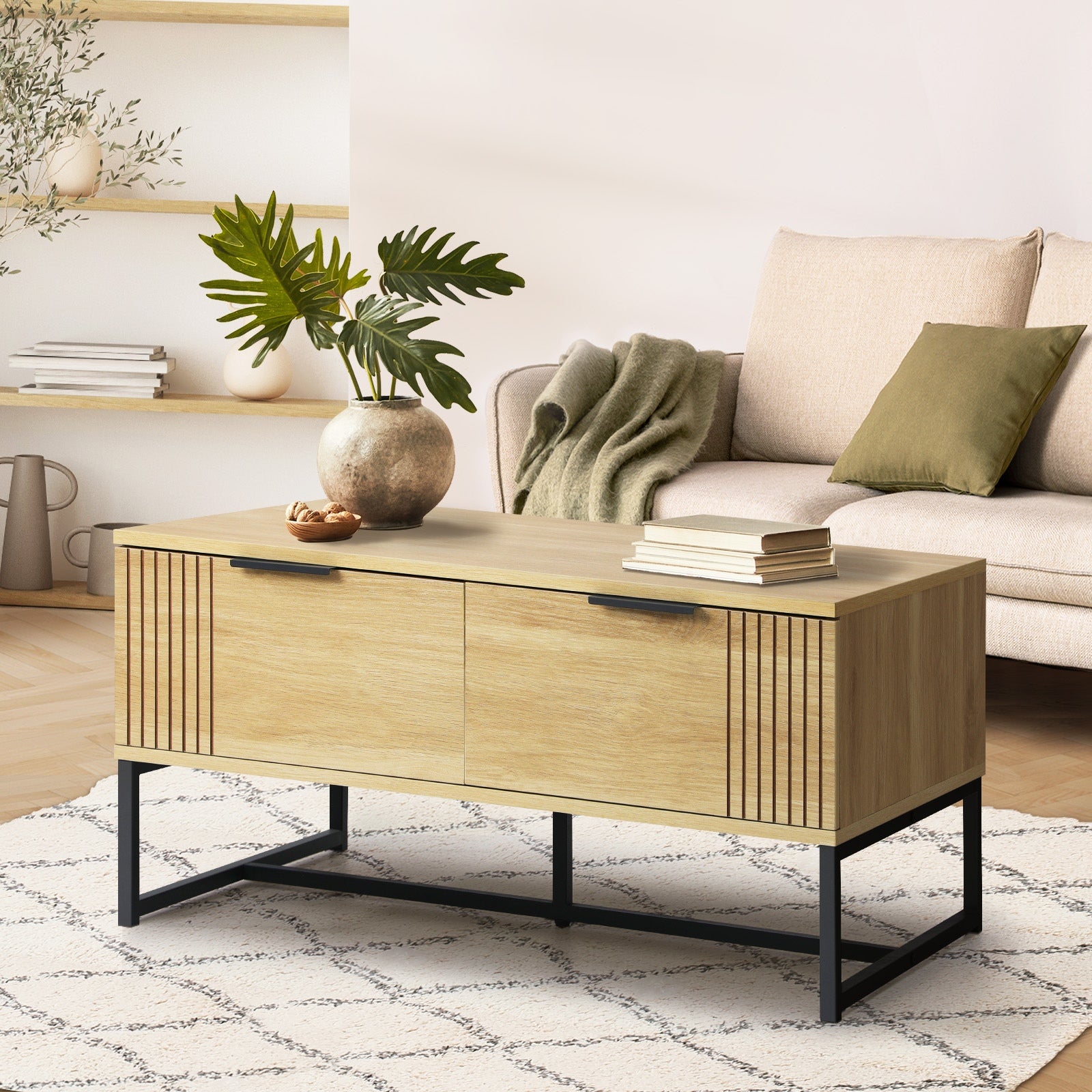 Oikiture Coffee Table Storage Drawers Side Tables Sofa Cafe Desk Wooden Natural - Sunyee