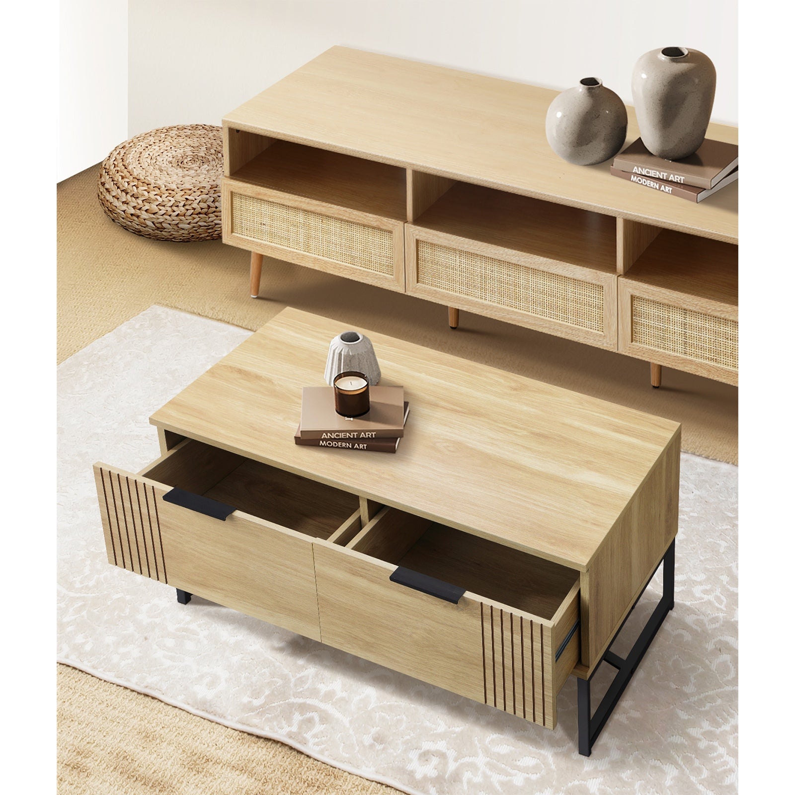Oikiture Coffee Table Storage Drawers Side Tables Sofa Cafe Desk Wooden Natural - Sunyee