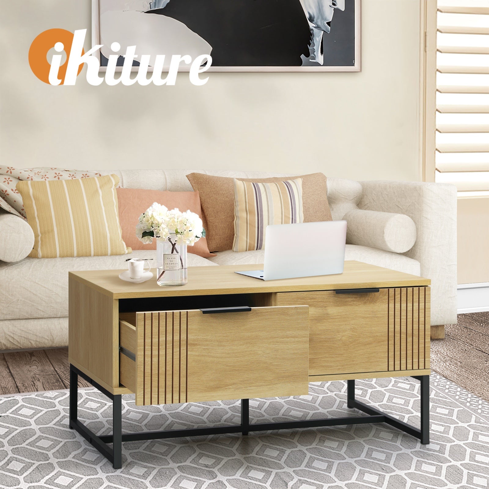 Oikiture Coffee Table Storage Drawers Side Tables Sofa Cafe Desk Wooden Natural - Sunyee